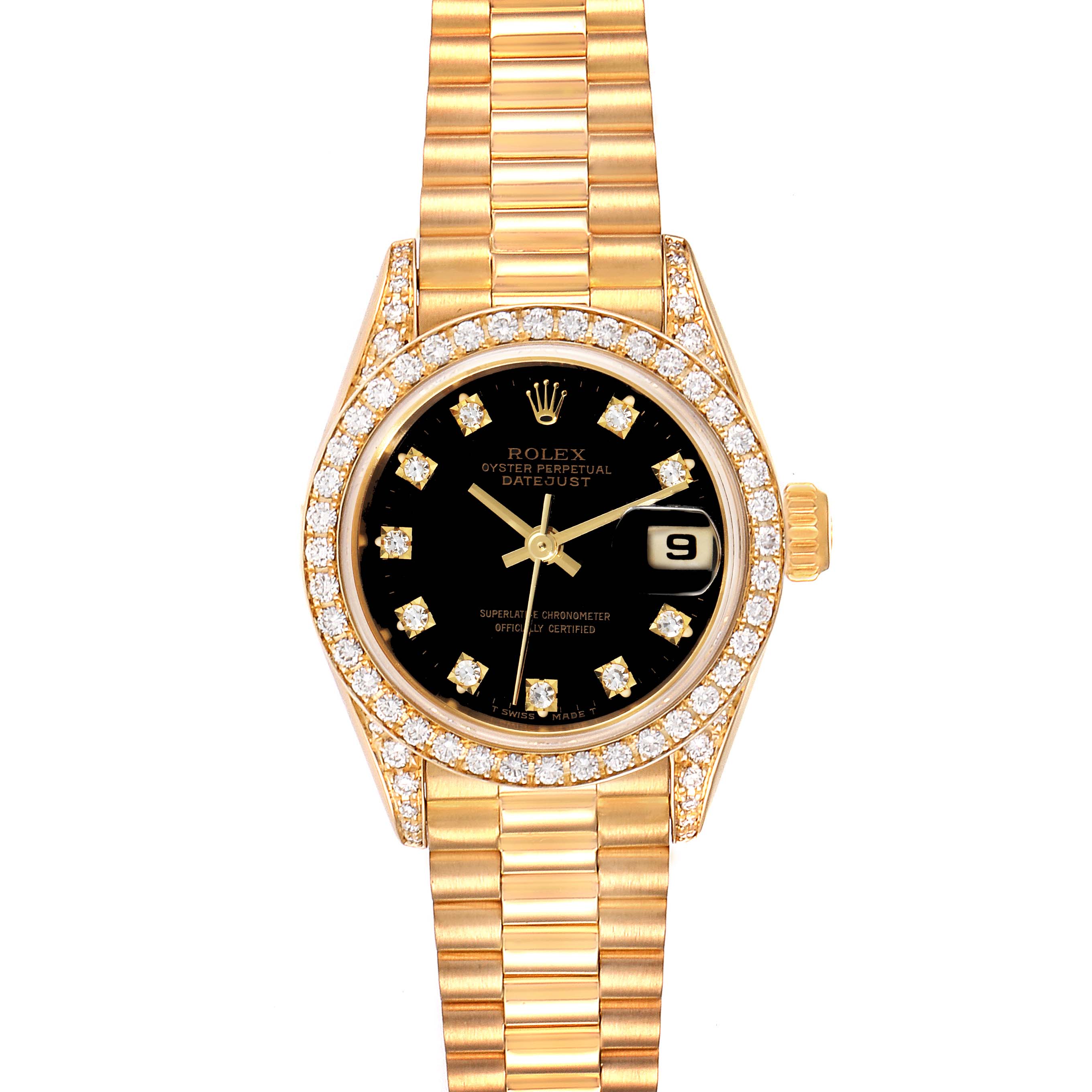 This image shows a Rolex President 69158 Women's Yellow Gold Black Dial 69158 Women's Yellow Gold Black Dial model watch from a front angle, displaying its dial, bezel, and bracelet.