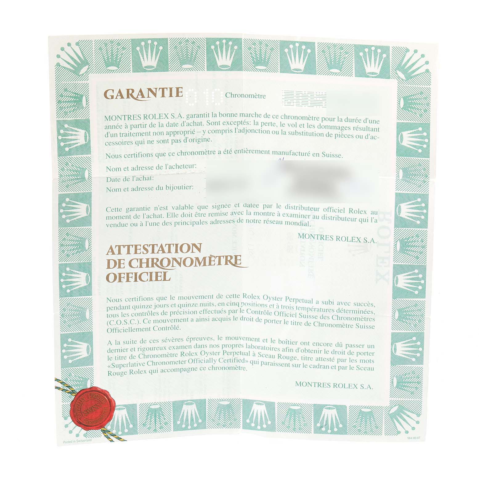 This image shows the warranty card and official chronometer certification for a Rolex President 69158 Women's Yellow Gold Black Dial 69158 Women's Yellow Gold Black Dial model watch.