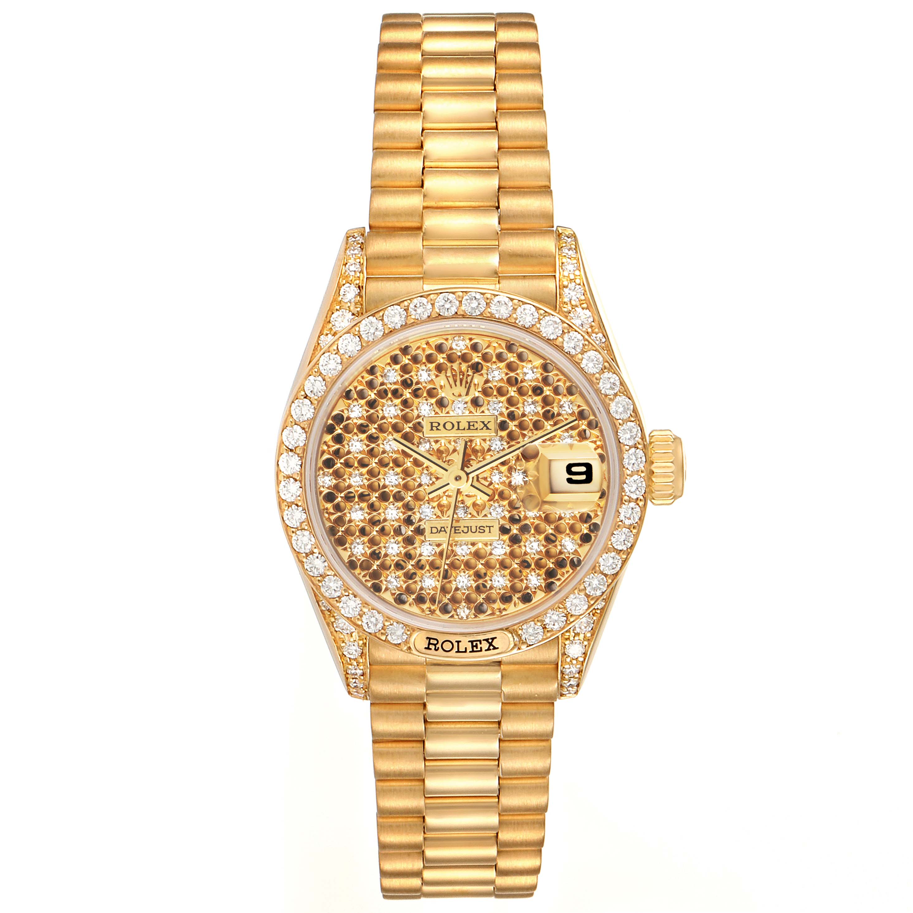 This is a front view of a gold Rolex President 69158 Women's Yellow Gold Champagne Dial 69158 Women's Yellow Gold Champagne Dial model watch, showcasing the bracelet, diamond bezel, and jeweled dial.