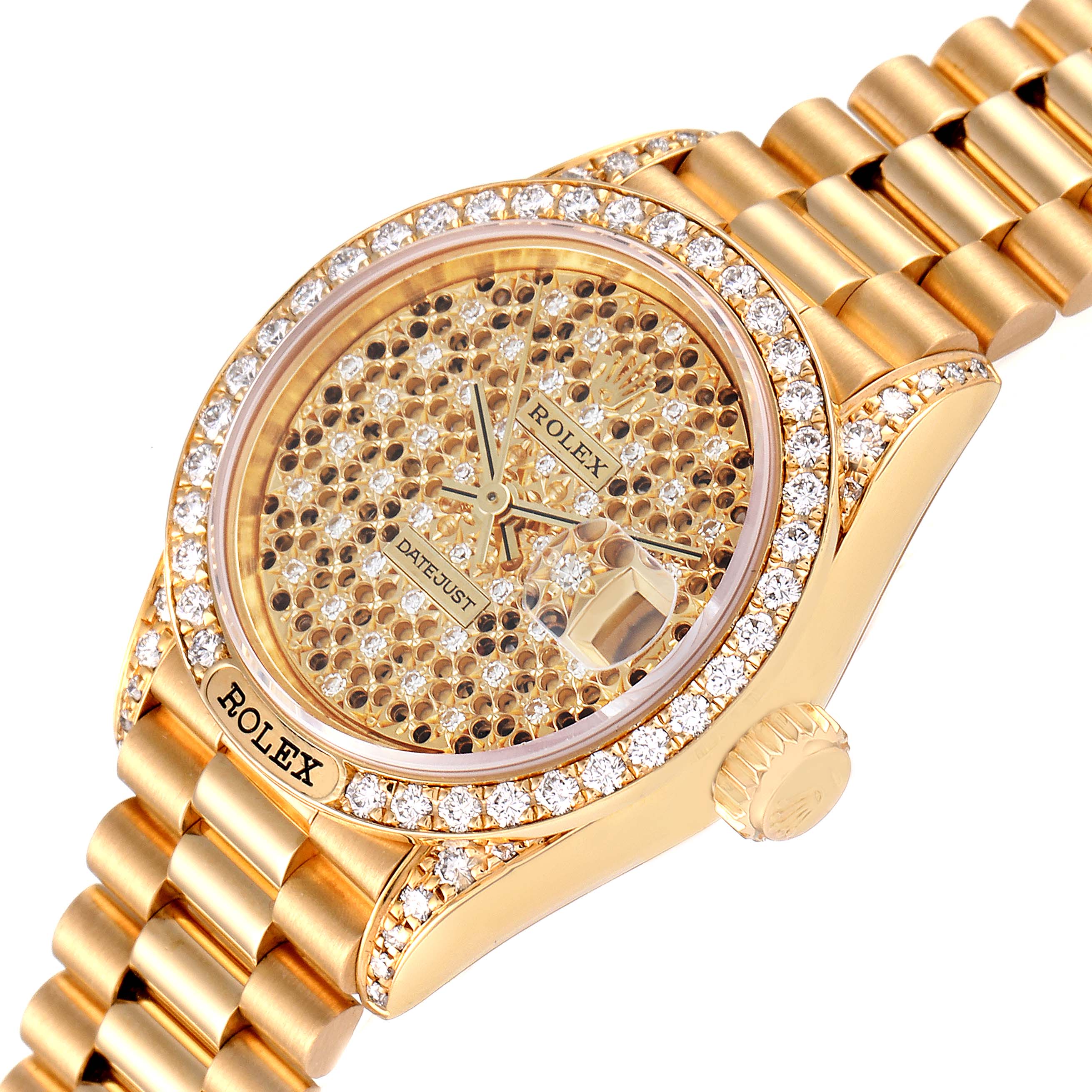 This image shows a side and front angled view of a Rolex President 69158 Women's Yellow Gold Champagne Dial 69158 Women's Yellow Gold Champagne Dial watch, highlighting its diamond-studded bezel and dial.