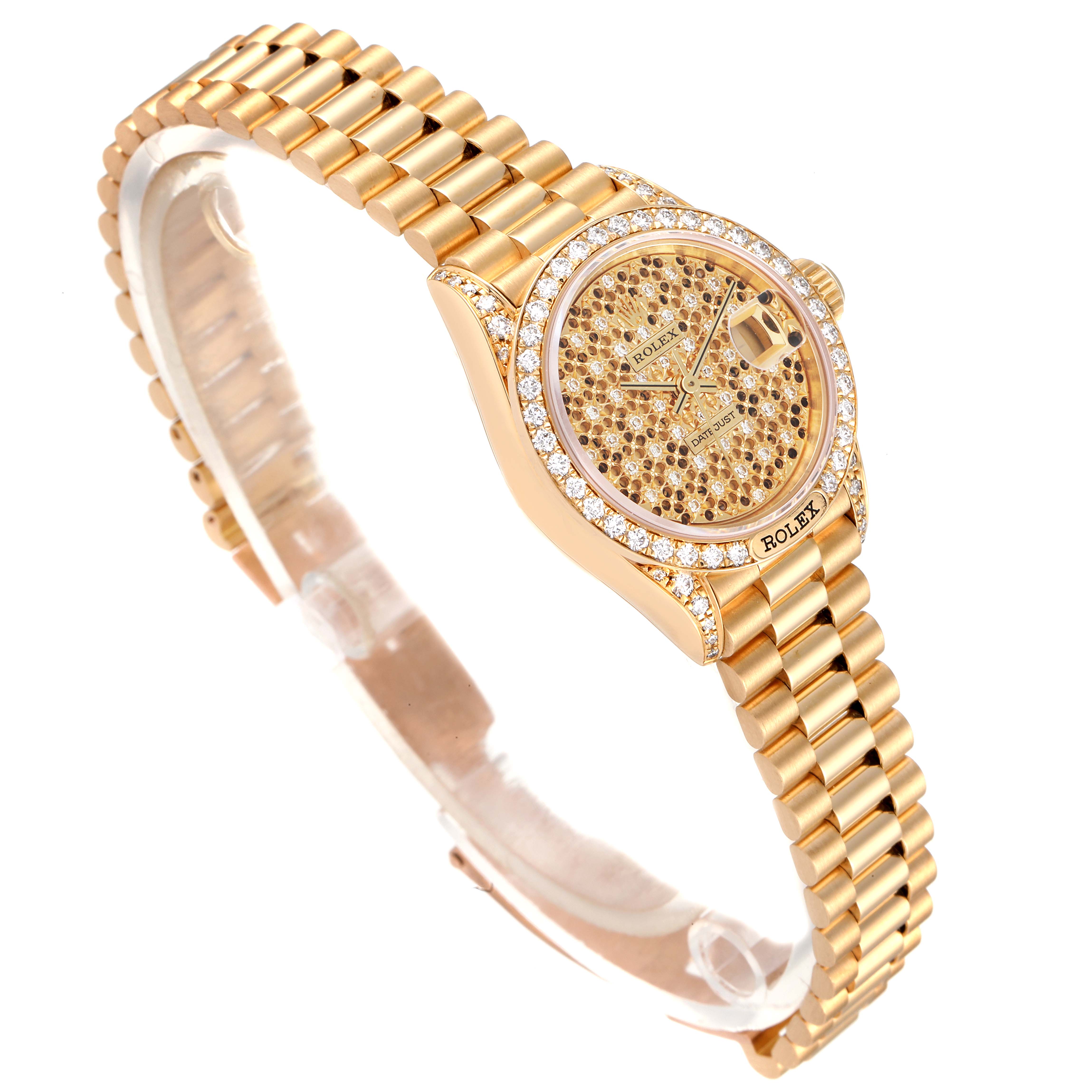 The image shows a Rolex President 69158 Women's Yellow Gold Champagne Dial 69158 Women's Yellow Gold Champagne Dial model watch, highlighting its gold band, diamond bezel, and detailed gold face, from an angled perspective.