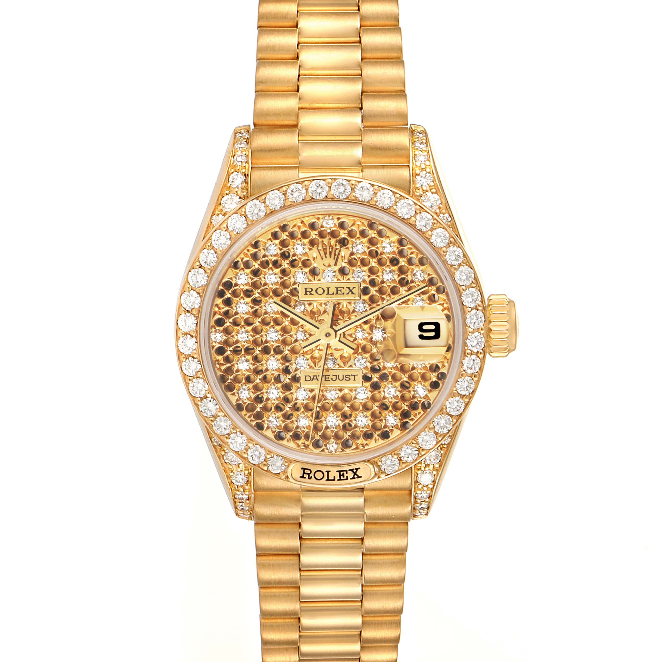 The image shows a Rolex President 69158 Women's Yellow Gold Champagne Dial 69158 Women's Yellow Gold Champagne Dial model watch from a front angle, highlighting its diamond-encrusted bezel, dial, and bracelet.