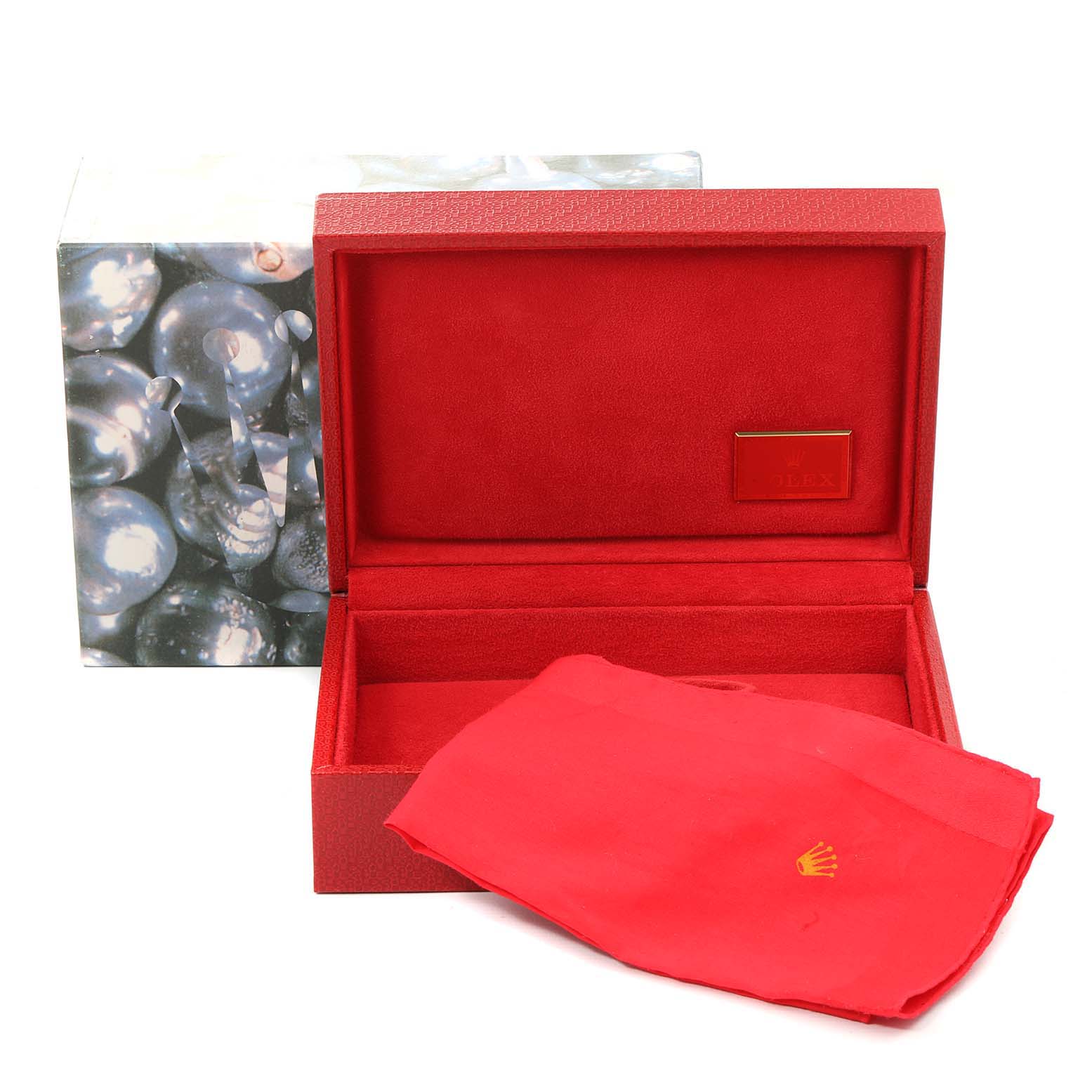 The image shows the opened box and red fabric cloth for a Rolex President 69158 Women's Yellow Gold Champagne Dial 69158 Women's Yellow Gold Champagne Dial model watch, with a decorative outer box visible.