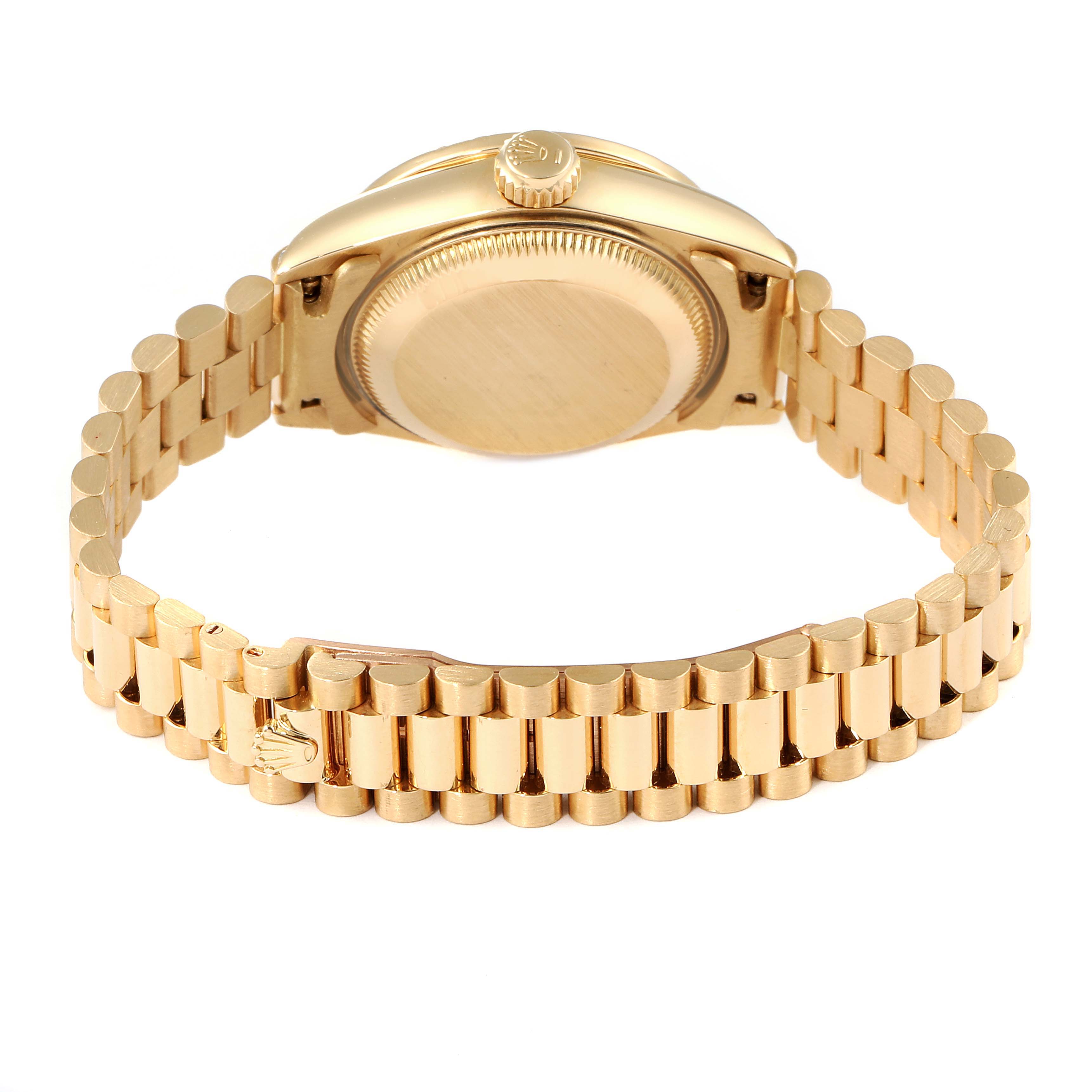 The image shows the back and bracelet of a Rolex President 69158 Women's Yellow Gold Champagne Dial 69158 Women's Yellow Gold Champagne Dial model watch from a rear angle.