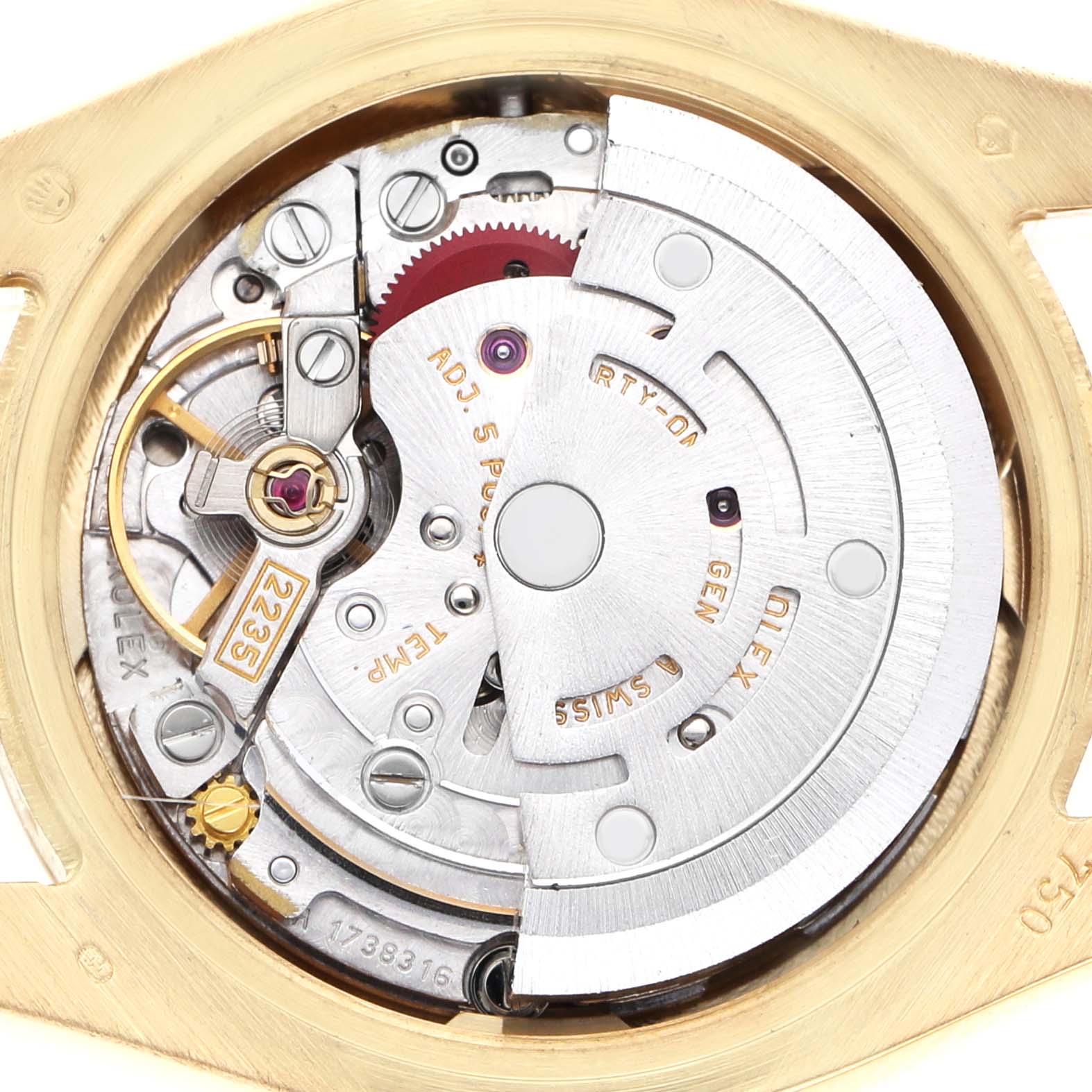 The image shows a top-down view of the Rolex President 179178 Women's Yellow Gold Mother of Pearl Dial watch movement, featuring intricate gears and components.