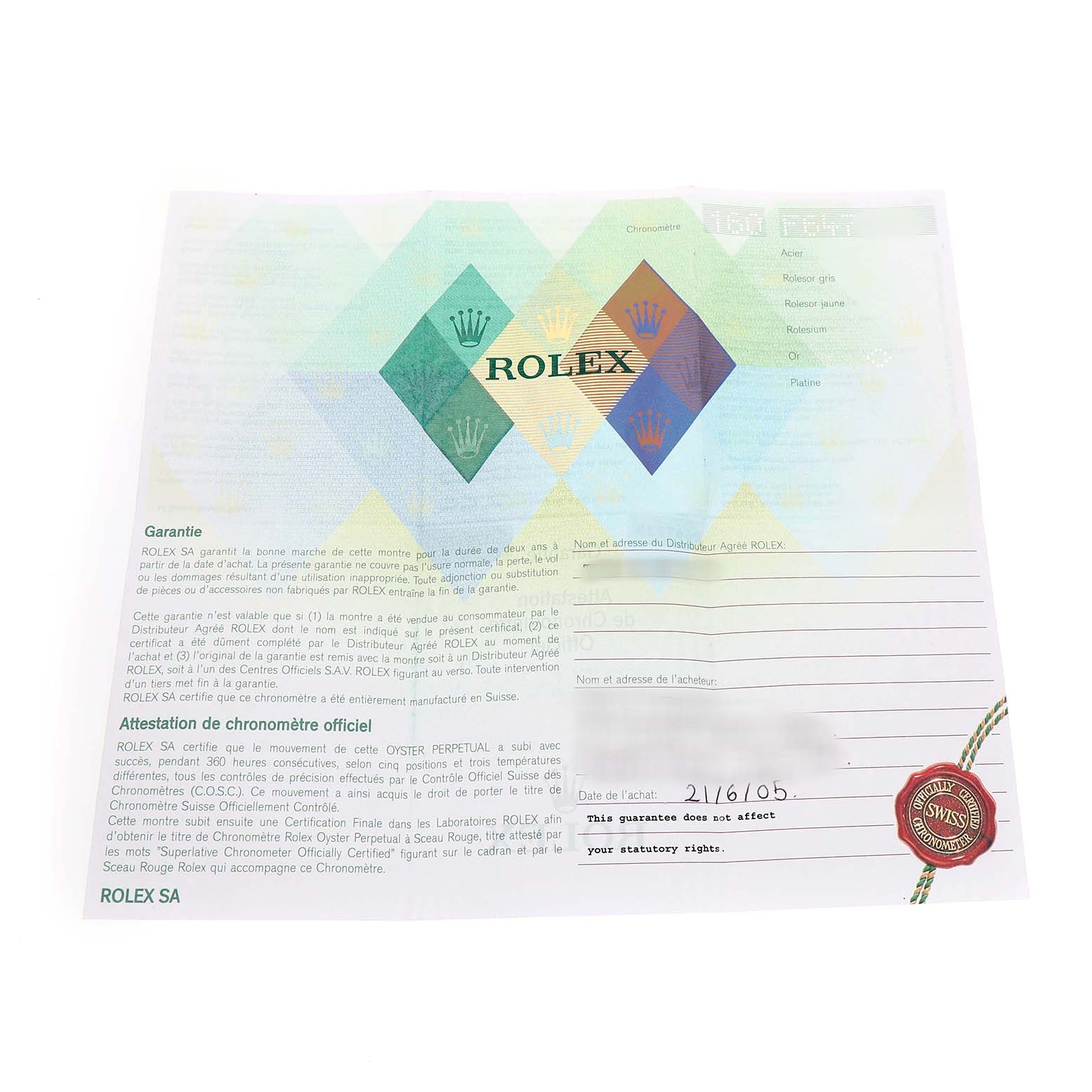The image shows the warranty certificate for a Rolex President 179178 Women's Yellow Gold Mother of Pearl Dial model, including the brand logo and seal.