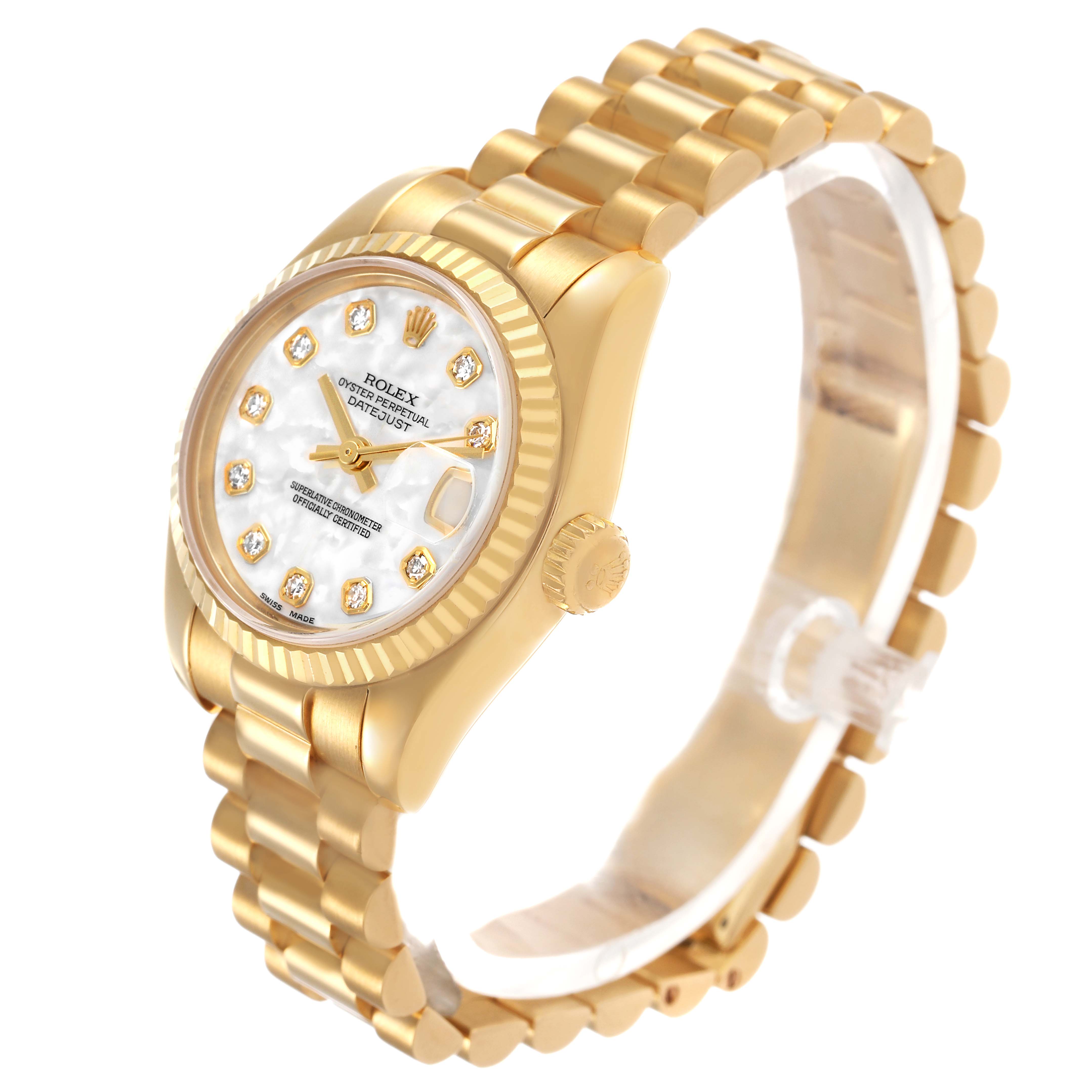 The Rolex President 179178 Women's Yellow Gold Mother of Pearl Dial model is shown at a three-quarter angle, displaying the face, bezel, crown, and bracelet.