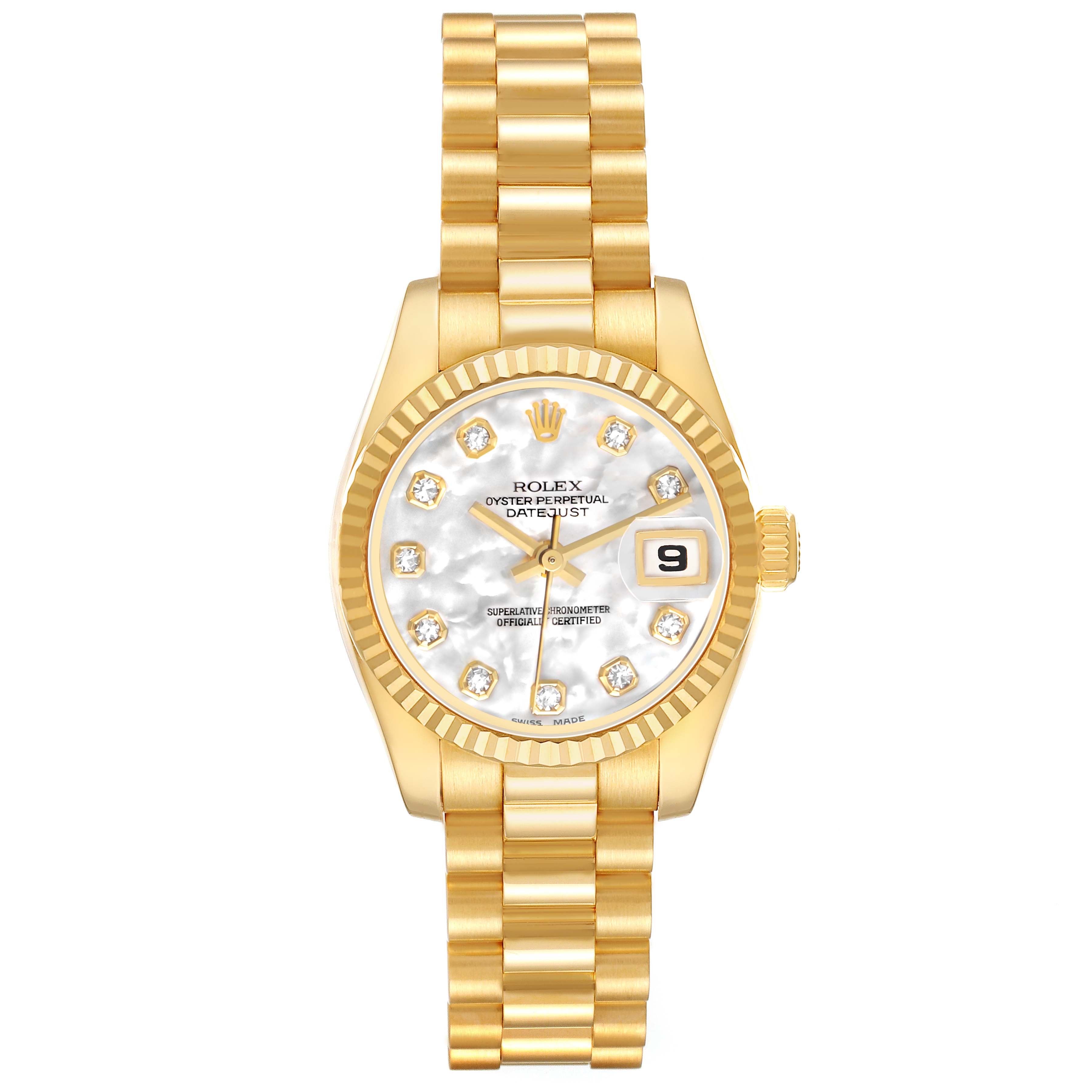 The Rolex President 179178 Women's Yellow Gold Mother of Pearl Dial model is shown from a straight-on angle, highlighting the face, bracelet, and fluted bezel.