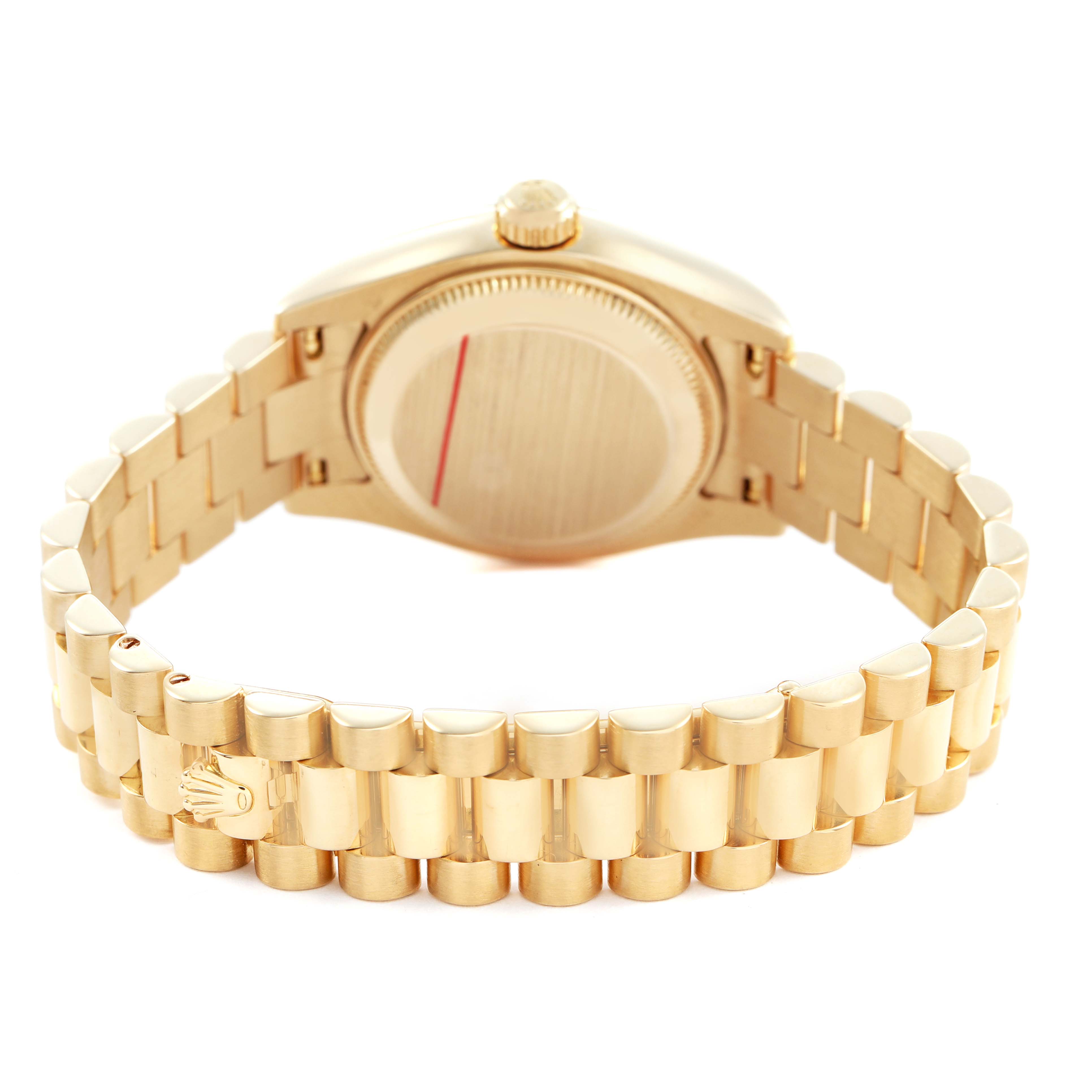 The Rolex President 179178 Women's Yellow Gold Mother of Pearl Dial model is shown from the back, highlighting the case back and gold bracelet with a clasp.