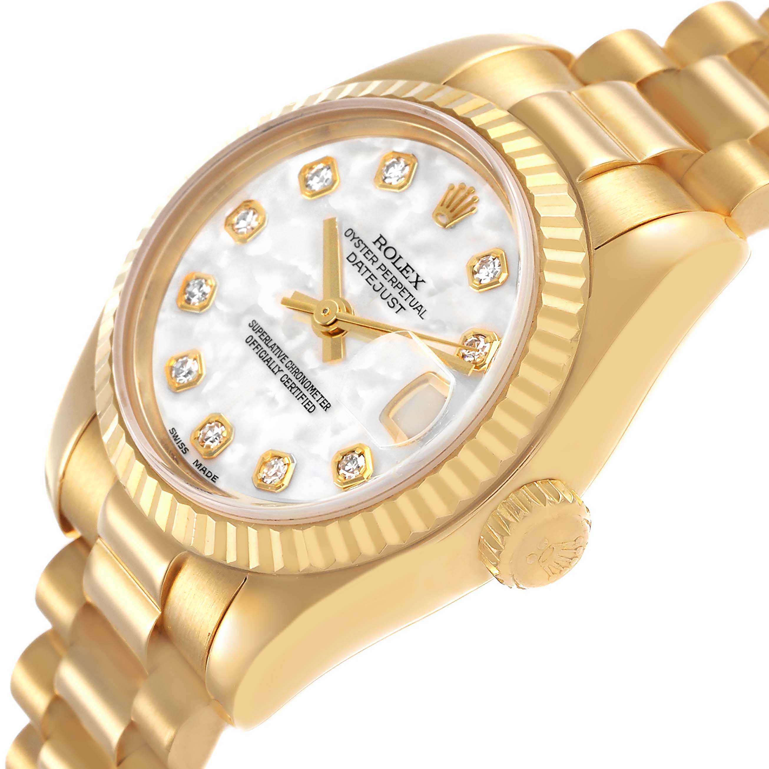 The Rolex President 179178 Women's Yellow Gold Mother of Pearl Dial model is shown at an angled side view, highlighting the face, diamond hour markers, bezel, and bracelet.