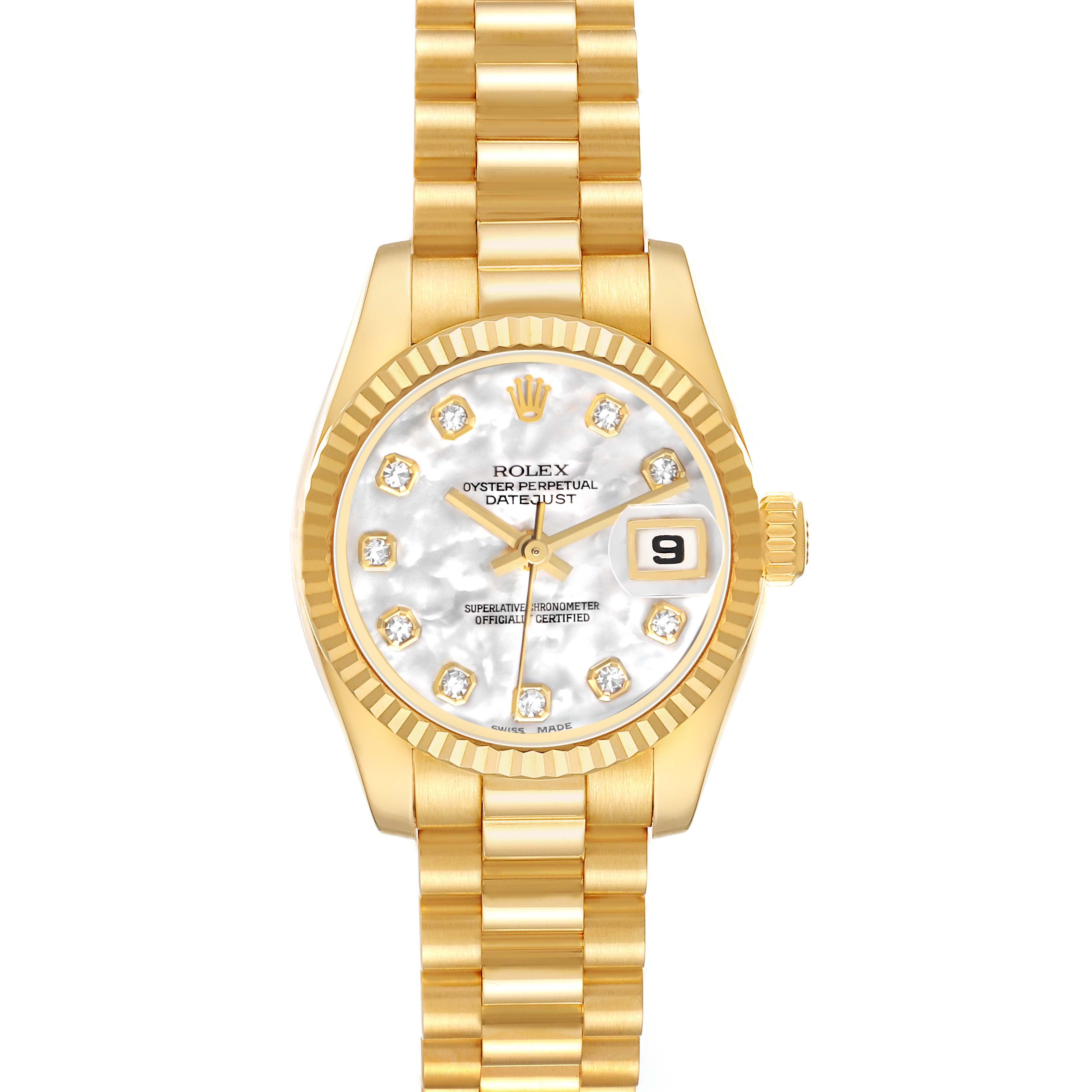 The Rolex President 179178 Women's Yellow Gold Mother of Pearl Dial model watch is shown from a top view, highlighting the gold bracelet, fluted bezel, and diamond hour markers.