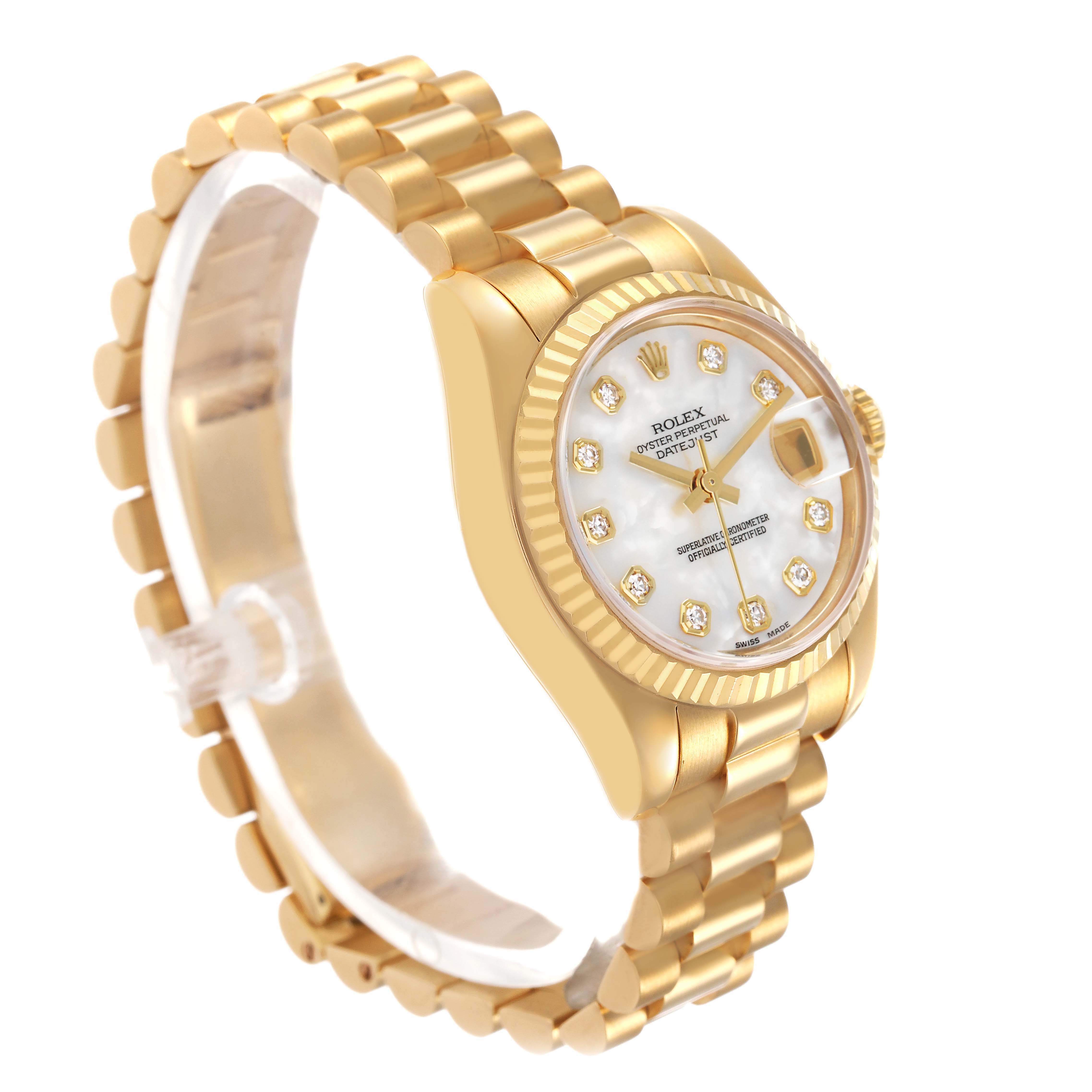 The Rolex President 179178 Women's Yellow Gold Mother of Pearl Dial watch is shown at a slight angle, highlighting the face, bezel, and part of the bracelet.