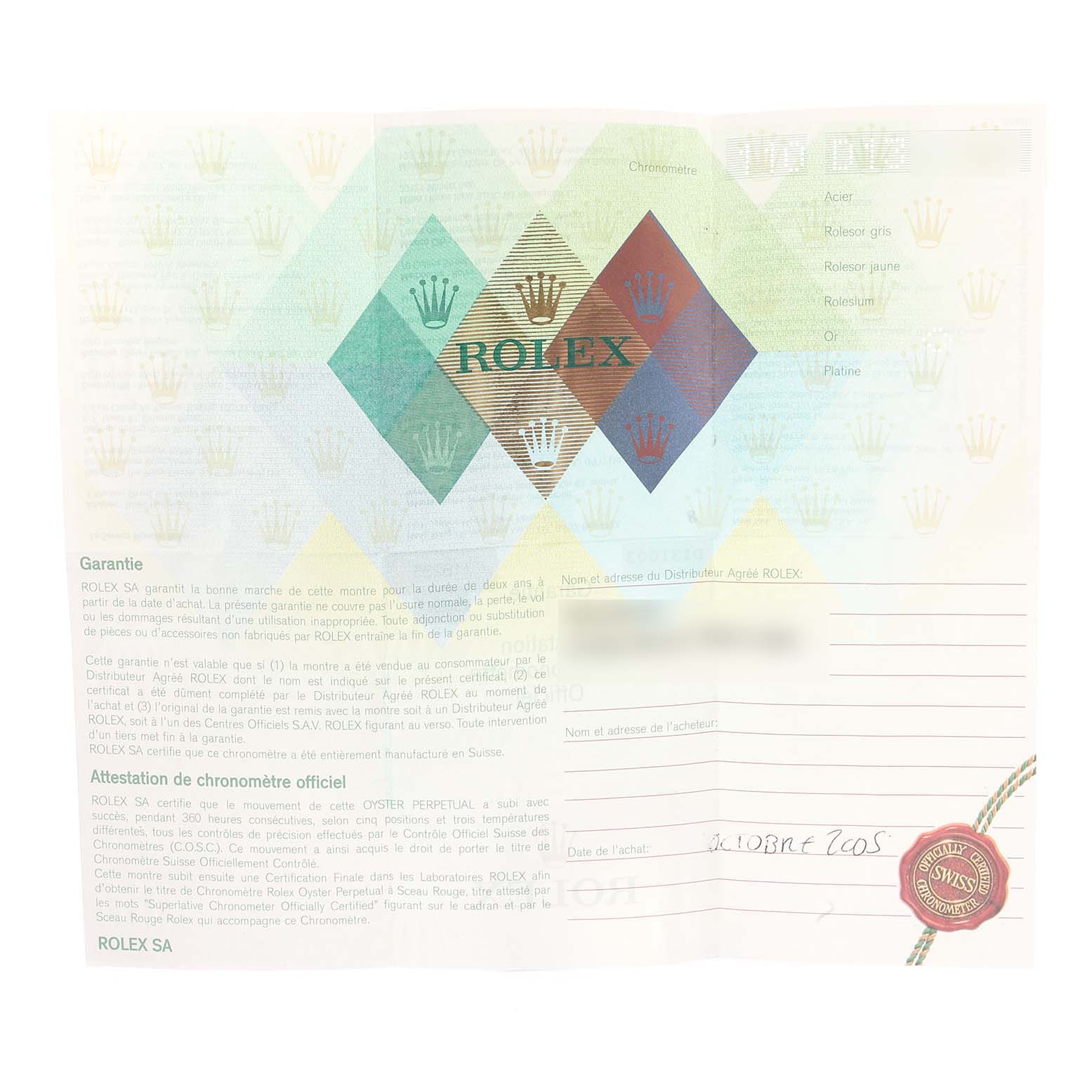 The image shows the warranty certificate for a Rolex President 118235 Men's Rose Gold Pink Dial 118235 Men's Rose Gold Pink Dial model watch.