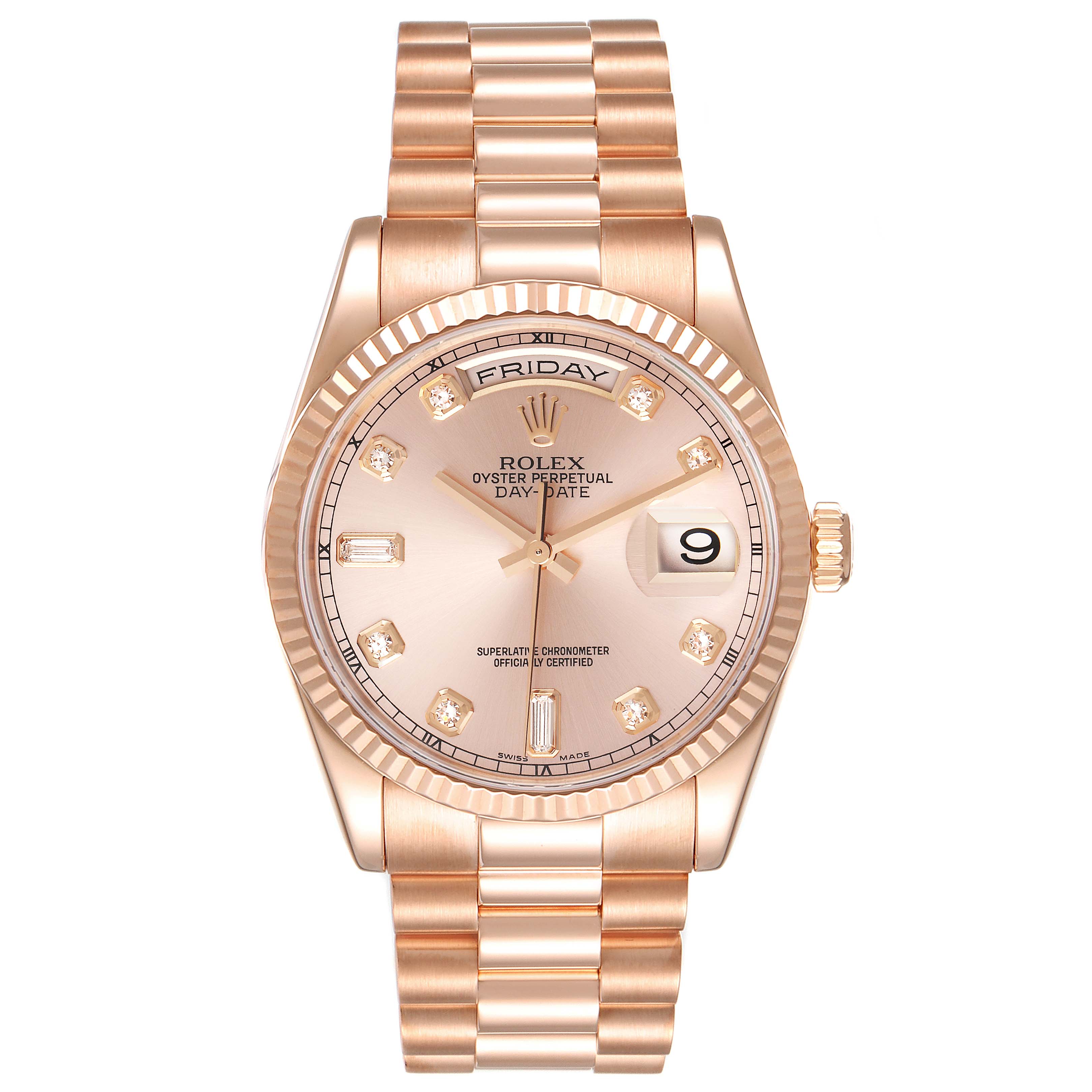 The image shows a front view of a Rolex President 118235 Men's Rose Gold Pink Dial 118235 Men's Rose Gold Pink Dial model watch, displaying its face, bezel, crown, and bracelet.