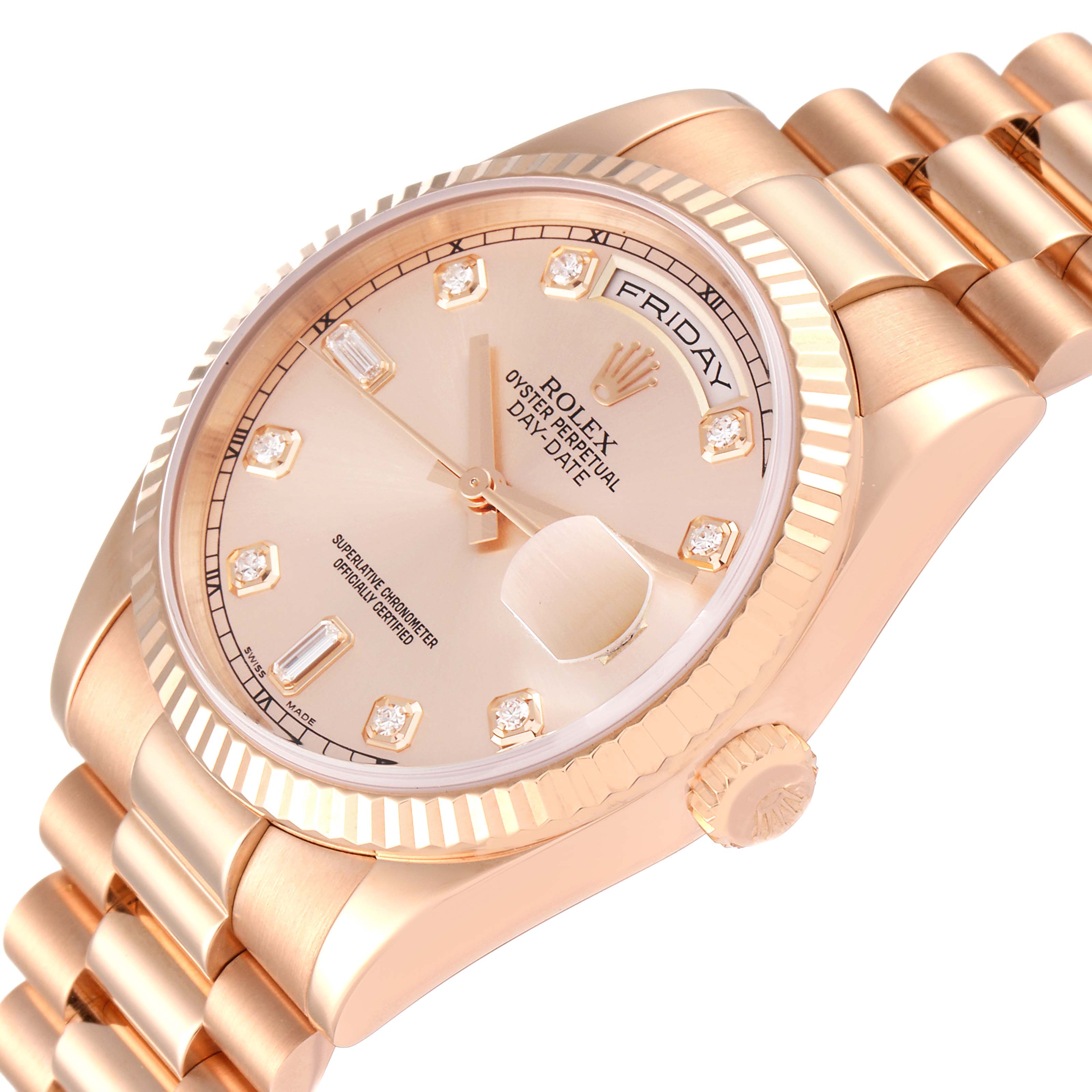 The image shows a side angle of the Rolex President 118235 Men's Rose Gold Pink Dial 118235 Men's Rose Gold Pink Dial model watch, highlighting the dial, bezel, and bracelet.