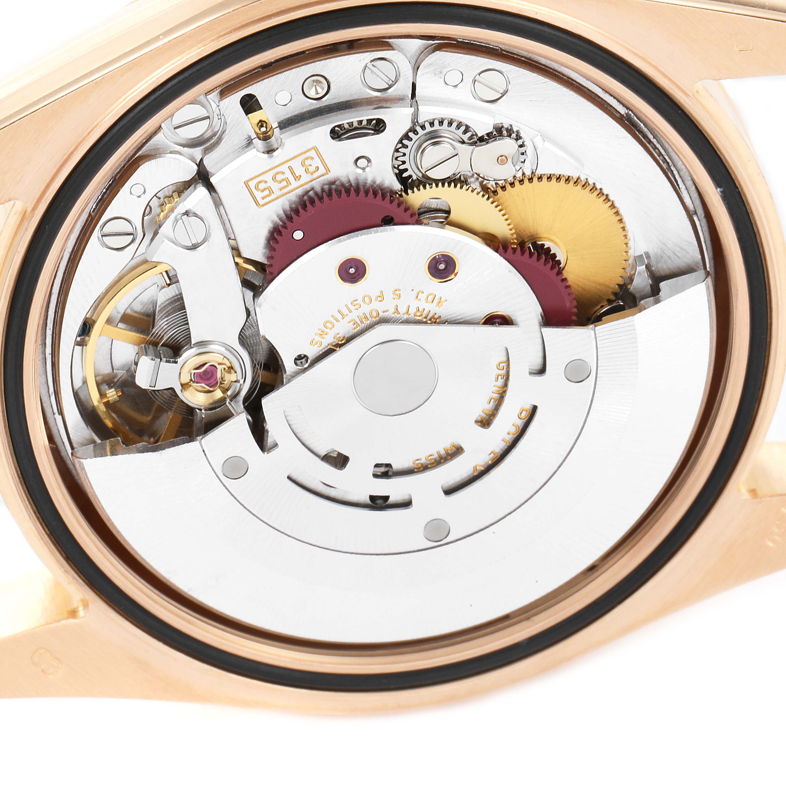 The image shows the internal mechanical movement of a Rolex President 118235 Men's Rose Gold Pink Dial 118235 Men's Rose Gold Pink Dial model watch, viewed from the back.