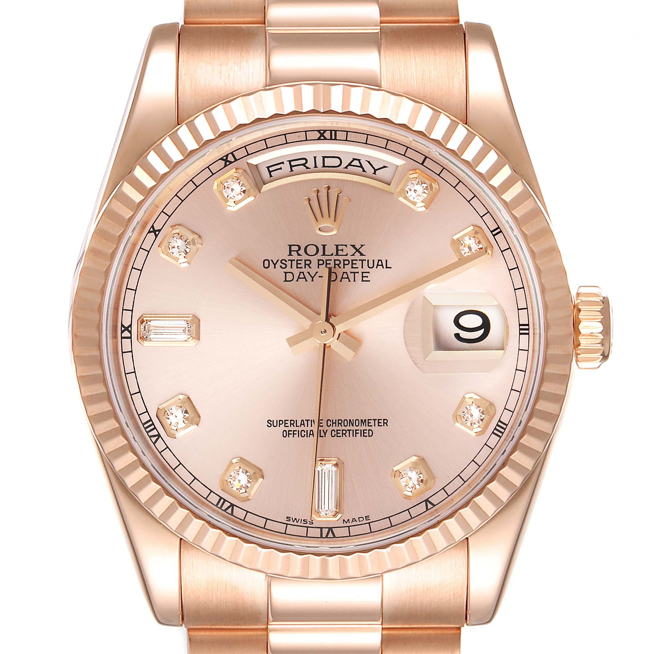 The image shows a close-up, front view of the Rolex President 118235 Men's Rose Gold Pink Dial 118235 Men's Rose Gold Pink Dial Day-Date watch, highlighting the face and bezel.