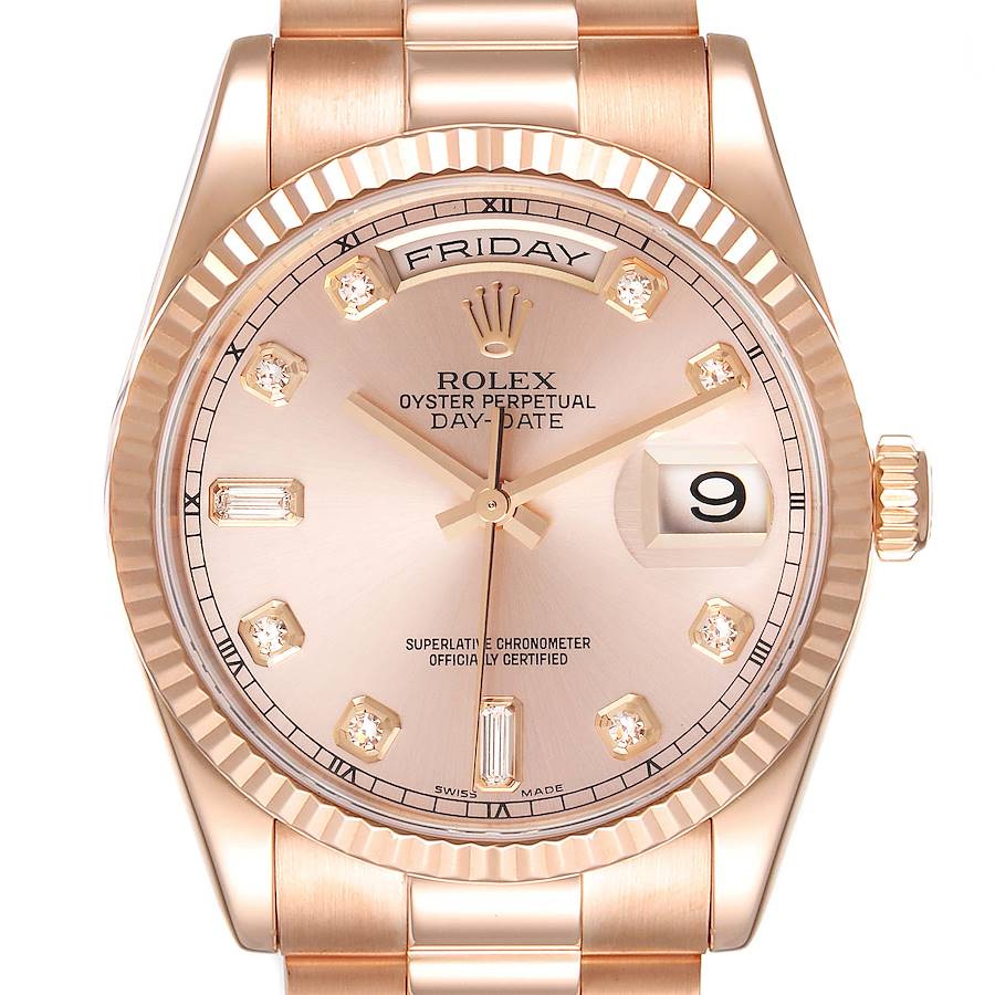 Rolex President Day Date 36 Everose Gold Diamond Watch 118235 Box Papers SwissWatchExpo