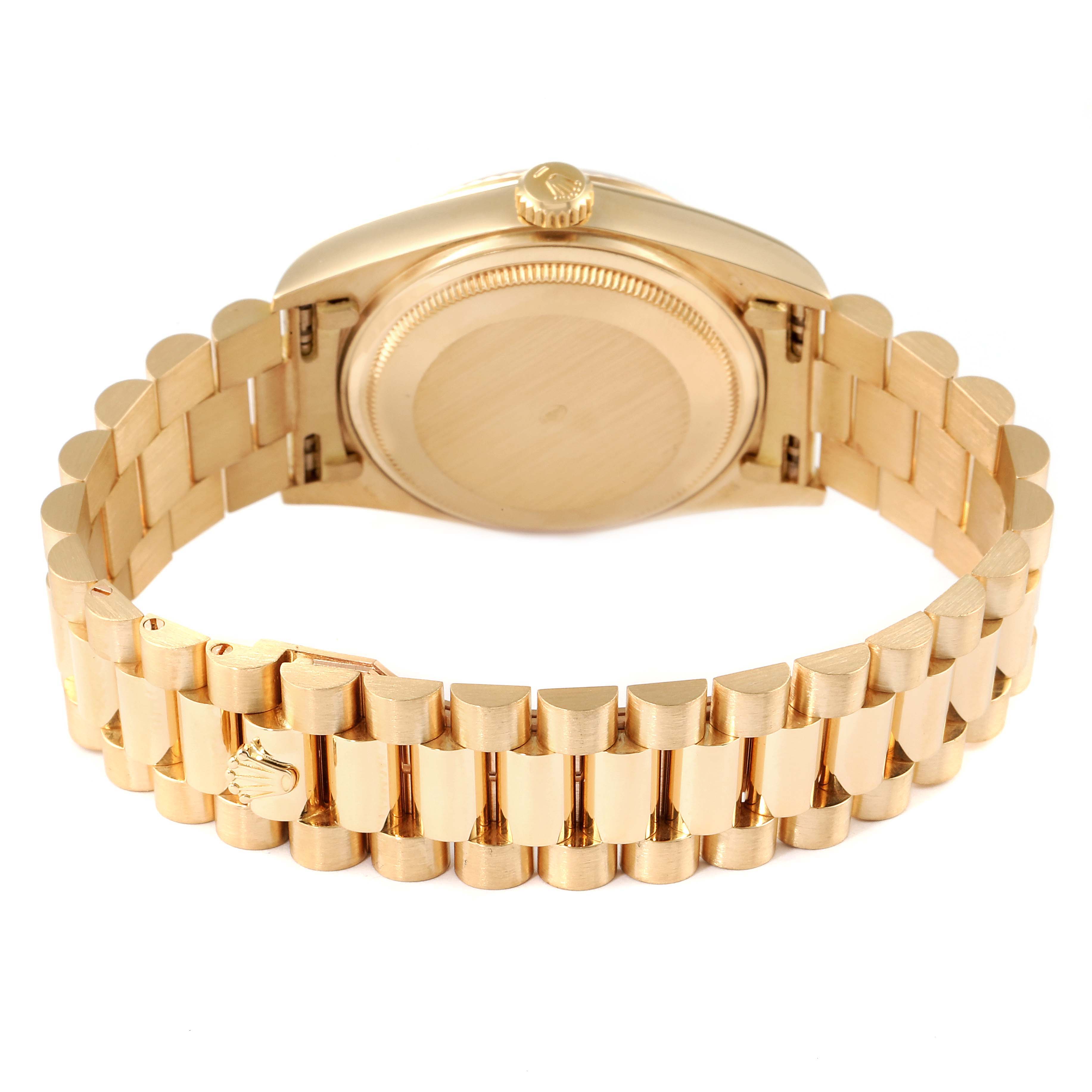 The image shows the back case and the President bracelet of a Rolex President 18038 Men's Yellow Gold Champagne Dial 18038 Men's Yellow Gold Champagne Dial model watch from the reverse angle.