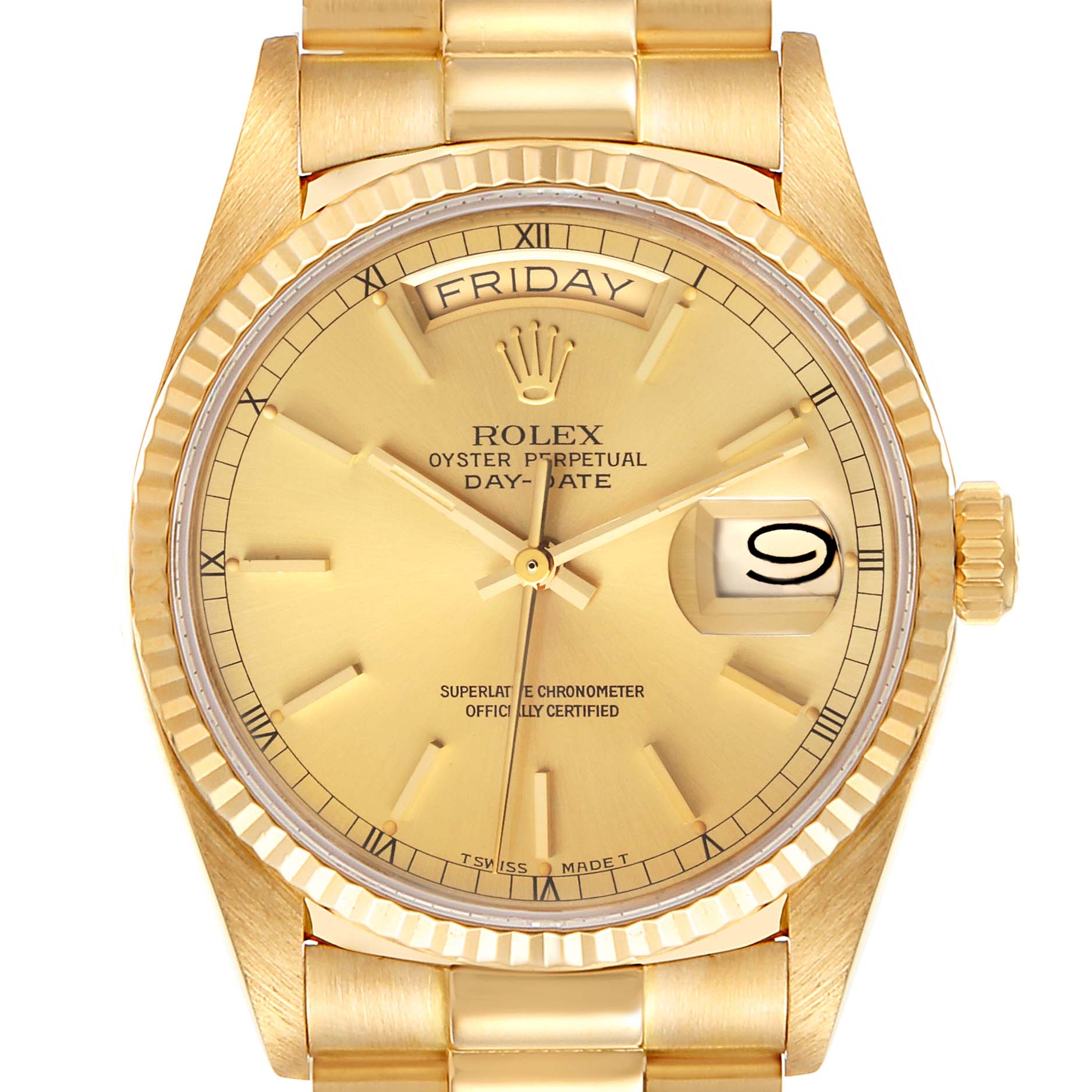 This image shows a frontal view of the Rolex President 18038 Men's Yellow Gold Champagne Dial 18038 Men's Yellow Gold Champagne Dial model watch, featuring its face, bezel, and part of the bracelet.
