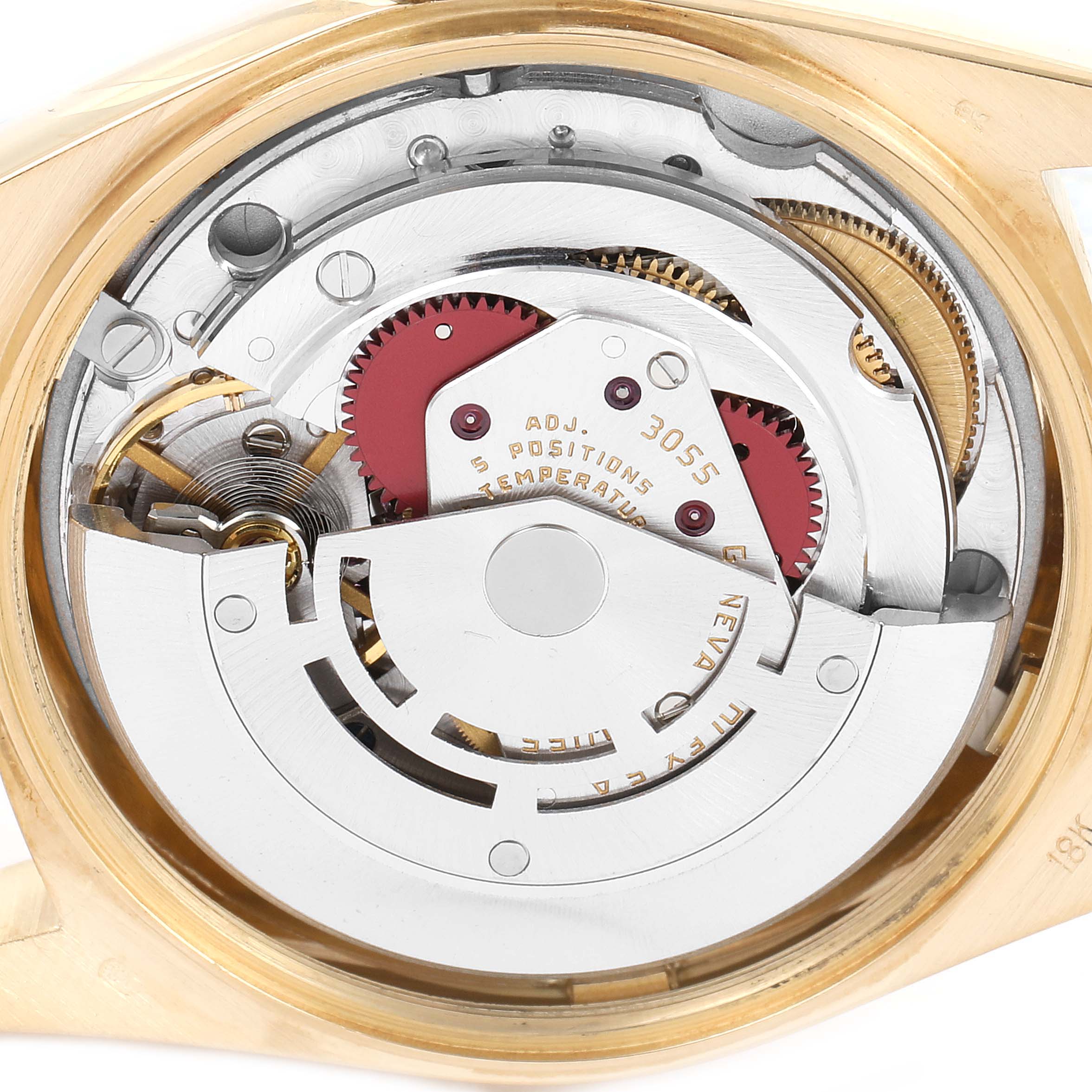 This image displays the inner mechanical parts of a Rolex President 18038 Men's Yellow Gold Champagne Dial 18038 Men's Yellow Gold Champagne Dial model watch, viewed from the back.