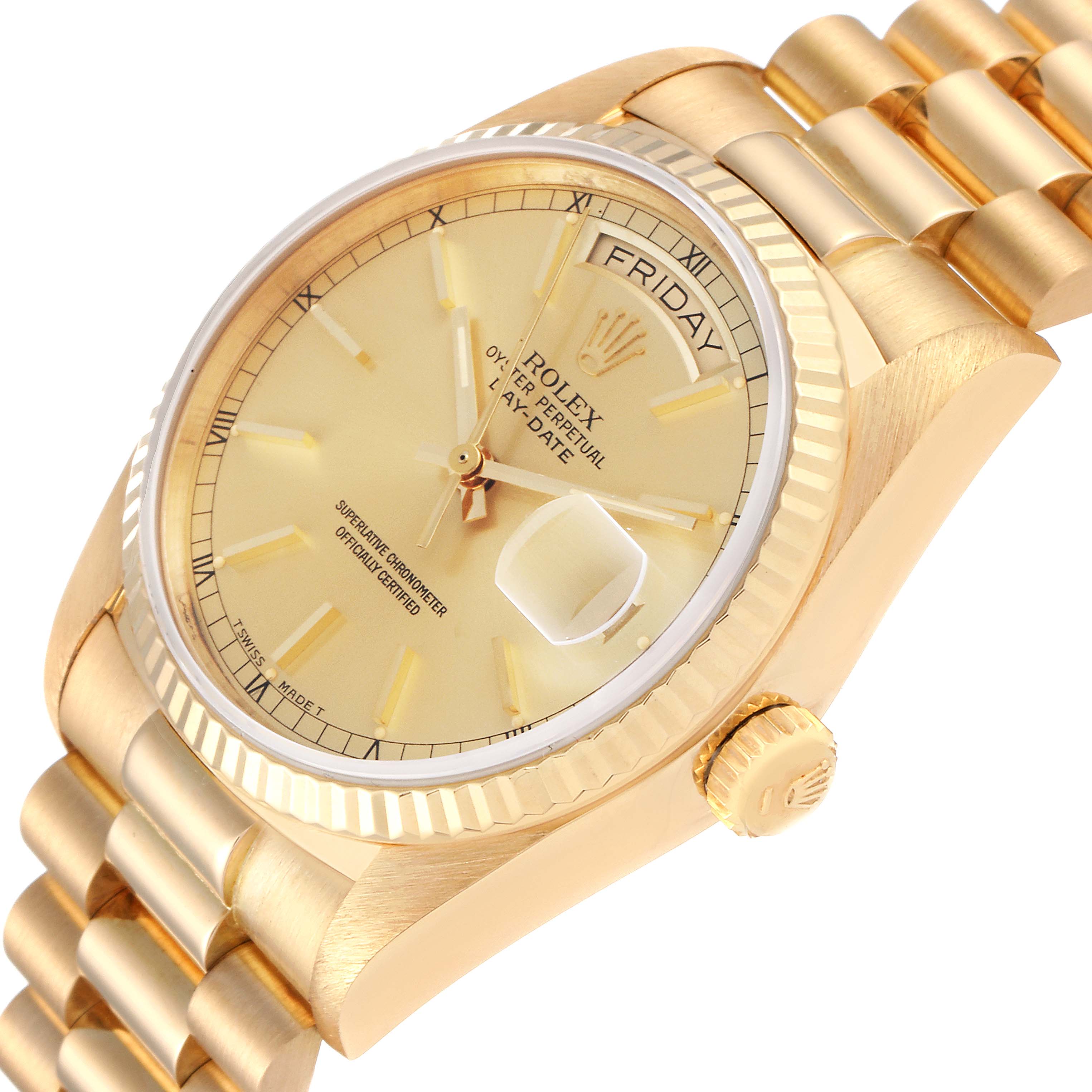 The Rolex President 18038 Men's Yellow Gold Champagne Dial 18038 Men's Yellow Gold Champagne Dial model watch is shown at an angle highlighting its gold case, bracelet, dial, and crown.