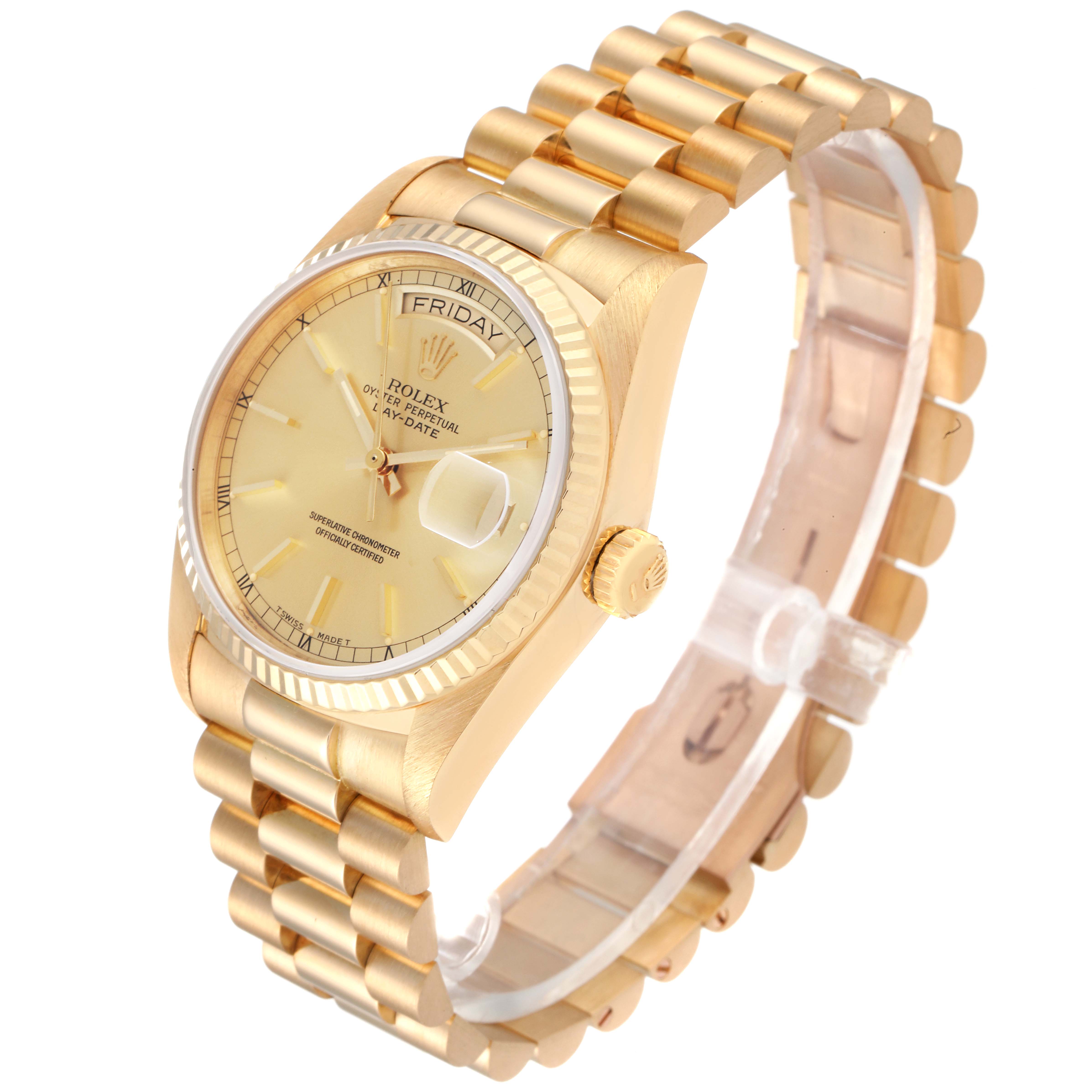 The Rolex President 18038 Men's Yellow Gold Champagne Dial 18038 Men's Yellow Gold Champagne Dial model is shown at an angle, highlighting its gold bracelet, dial, bezel, and crown.