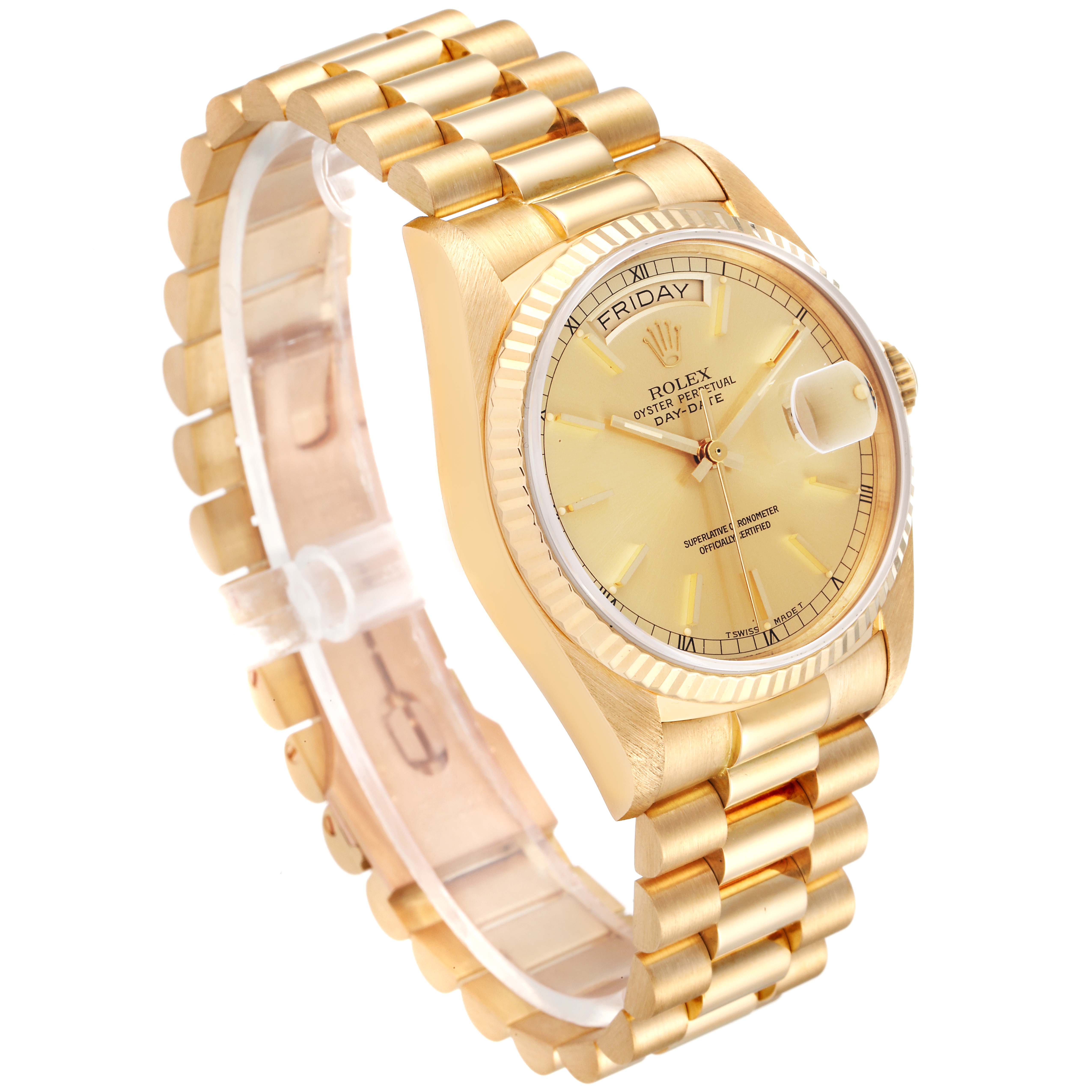 The image shows a gold Rolex President 18038 Men's Yellow Gold Champagne Dial 18038 Men's Yellow Gold Champagne Dial model watch angled to display its face, bezel, and bracelet.