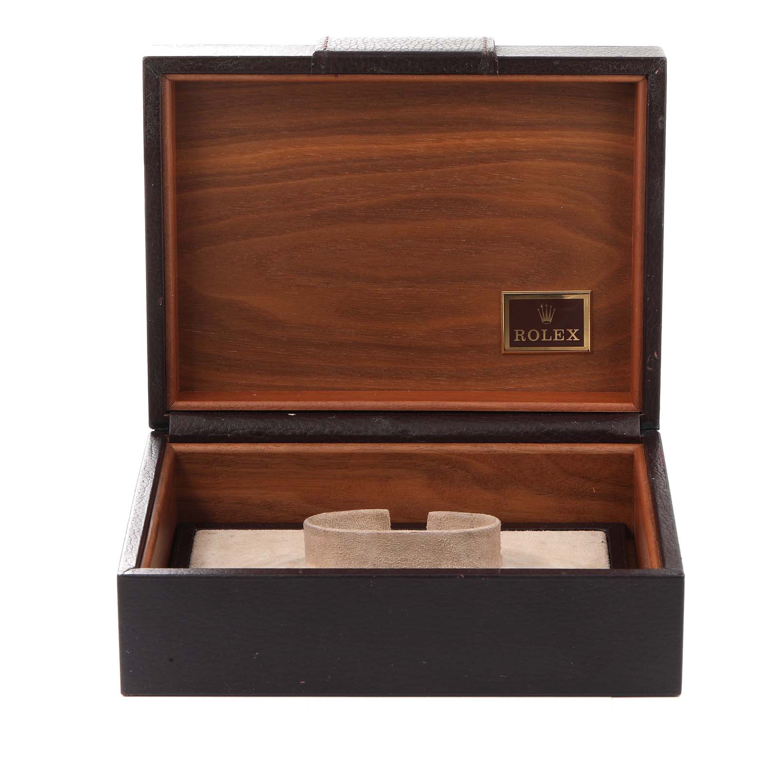 The image shows an open wooden presentation box for a Rolex President 18239 Men's White Gold Silver Dial 18239 Men's White Gold Silver Dial model watch, featuring the Rolex logo inside.