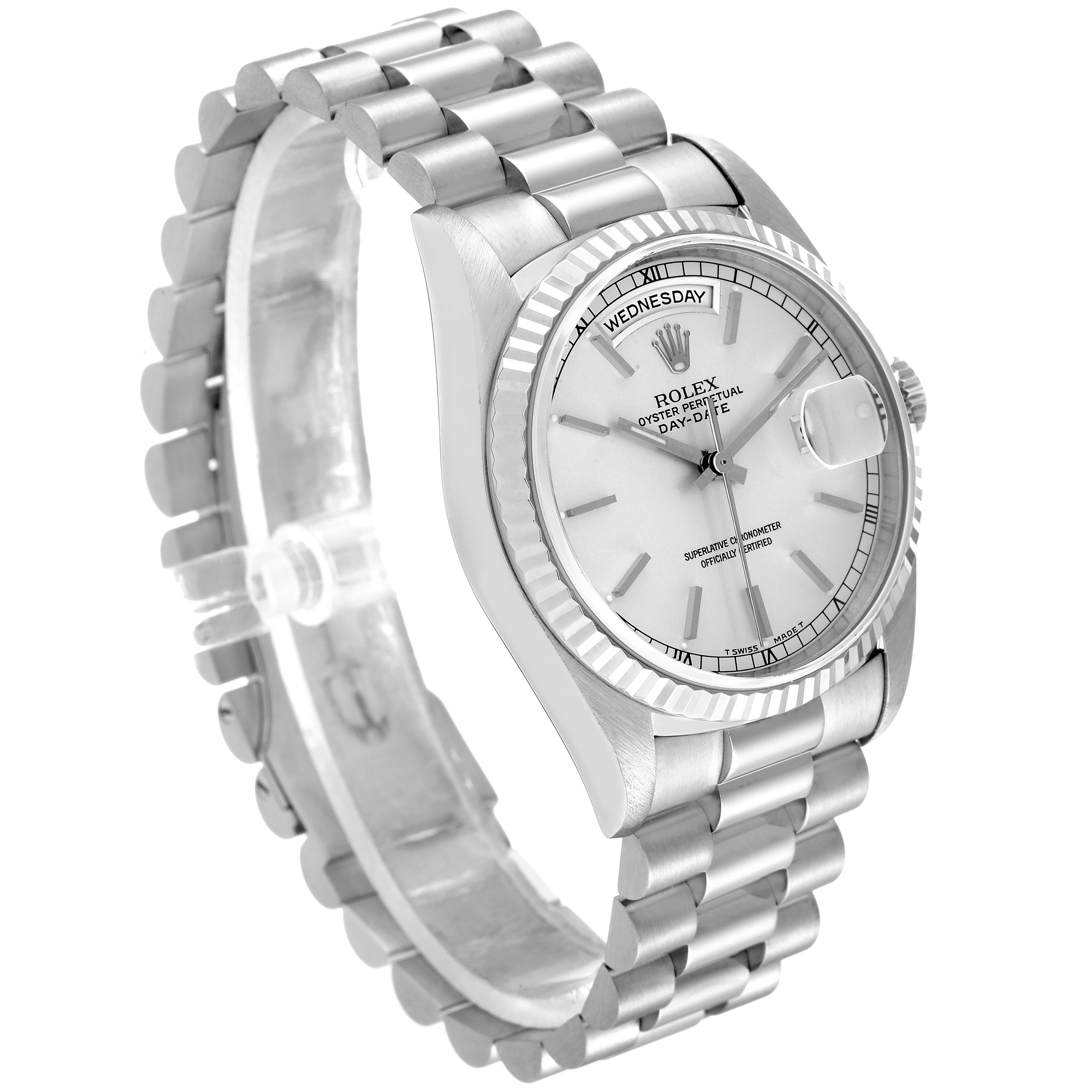 This image shows a side and angled view of a Rolex President 18239 Men's White Gold Silver Dial 18239 Men's White Gold Silver Dial model watch, highlighting its face, bracelet, and fluted bezel.