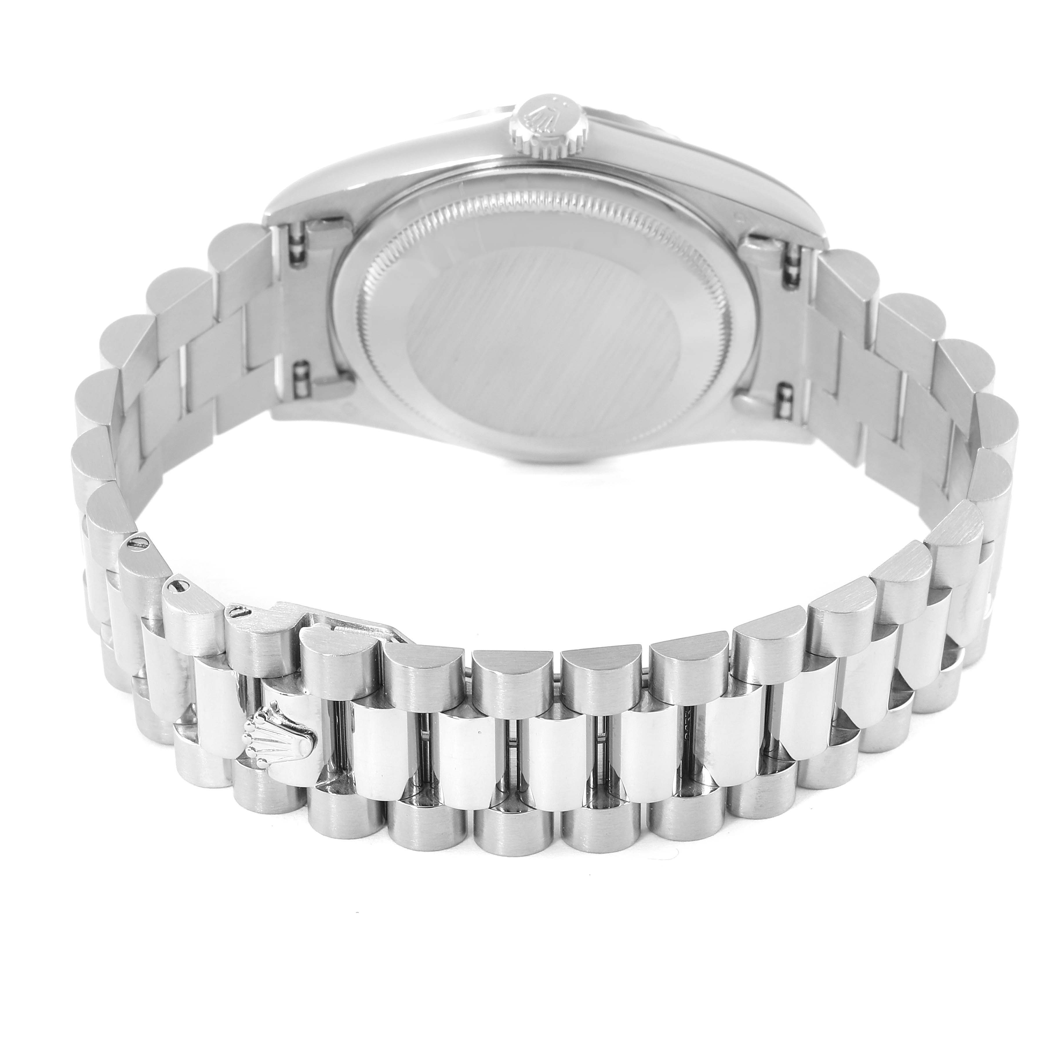 This image shows the back case and bracelet of the Rolex President 18239 Men's White Gold Silver Dial 18239 Men's White Gold Silver Dial model watch from a rear angle.