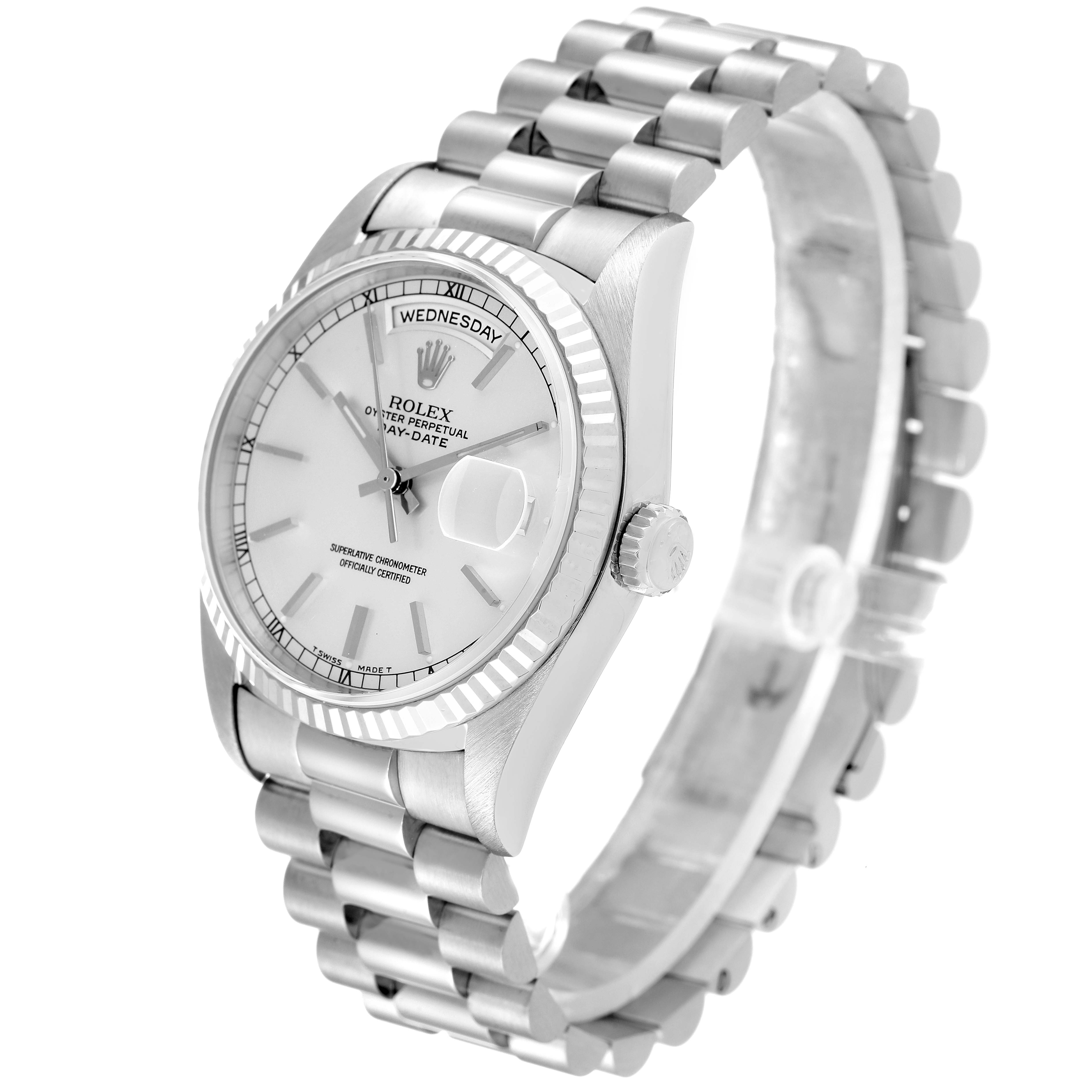 The image shows a side view of the Rolex President 18239 Men's White Gold Silver Dial 18239 Men's White Gold Silver Dial watch, highlighting the face, bezel, crown, and part of the bracelet.