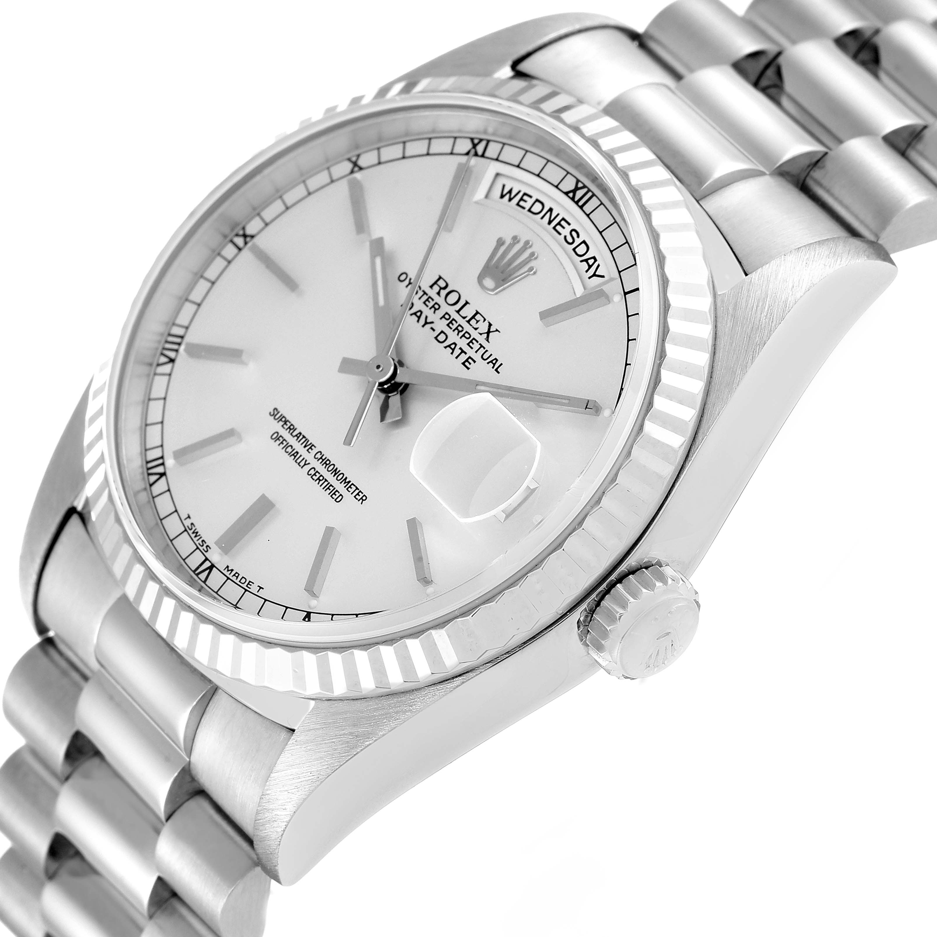 The Rolex President 18239 Men's White Gold Silver Dial 18239 Men's White Gold Silver Dial model watch is shown from an angled close-up, highlighting the dial, fluted bezel, crown, and part of the bracelet.