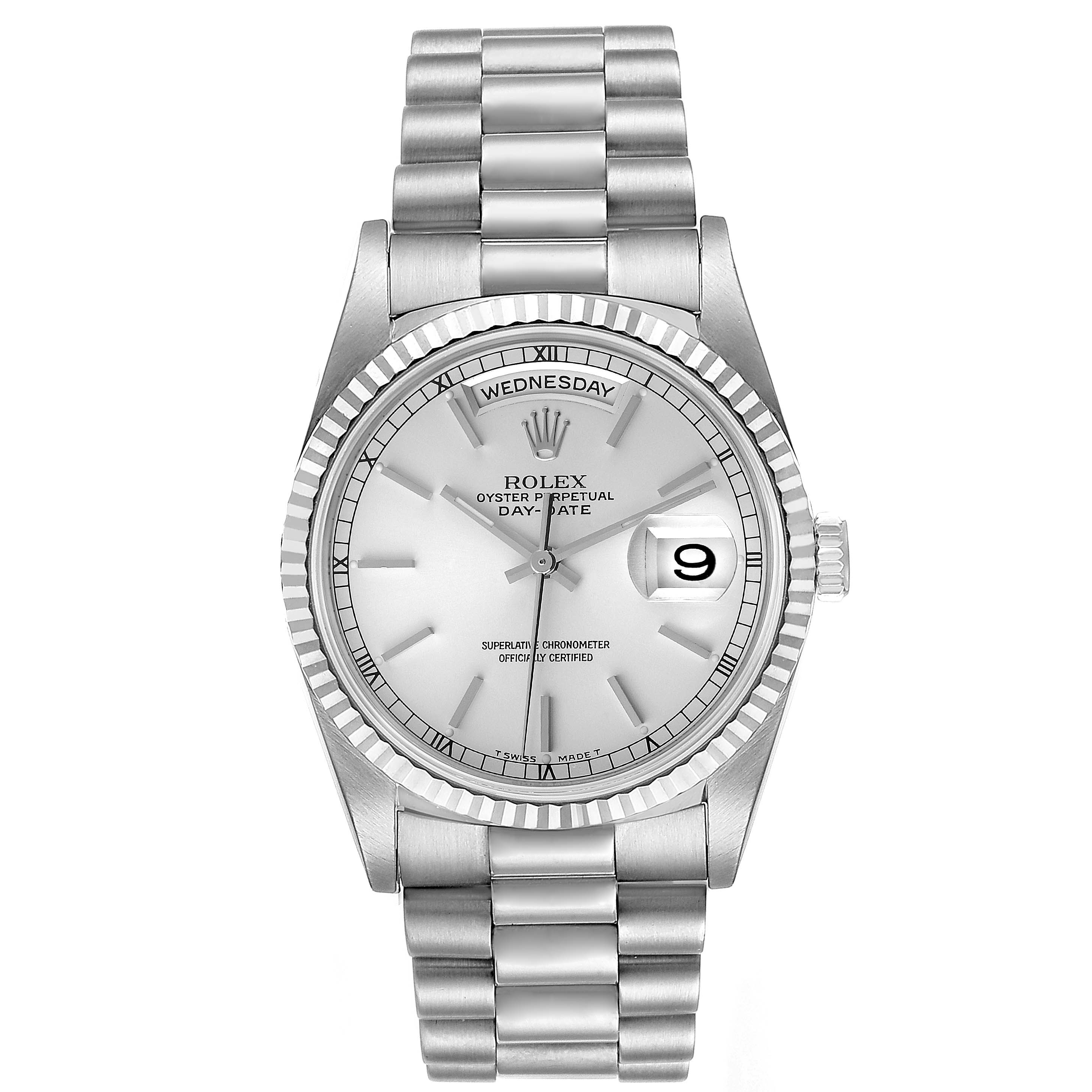 The Rolex President 18239 Men's White Gold Silver Dial 18239 Men's White Gold Silver Dial watch is shown from a top-down angle, displaying the face, band, bezel, and crown.