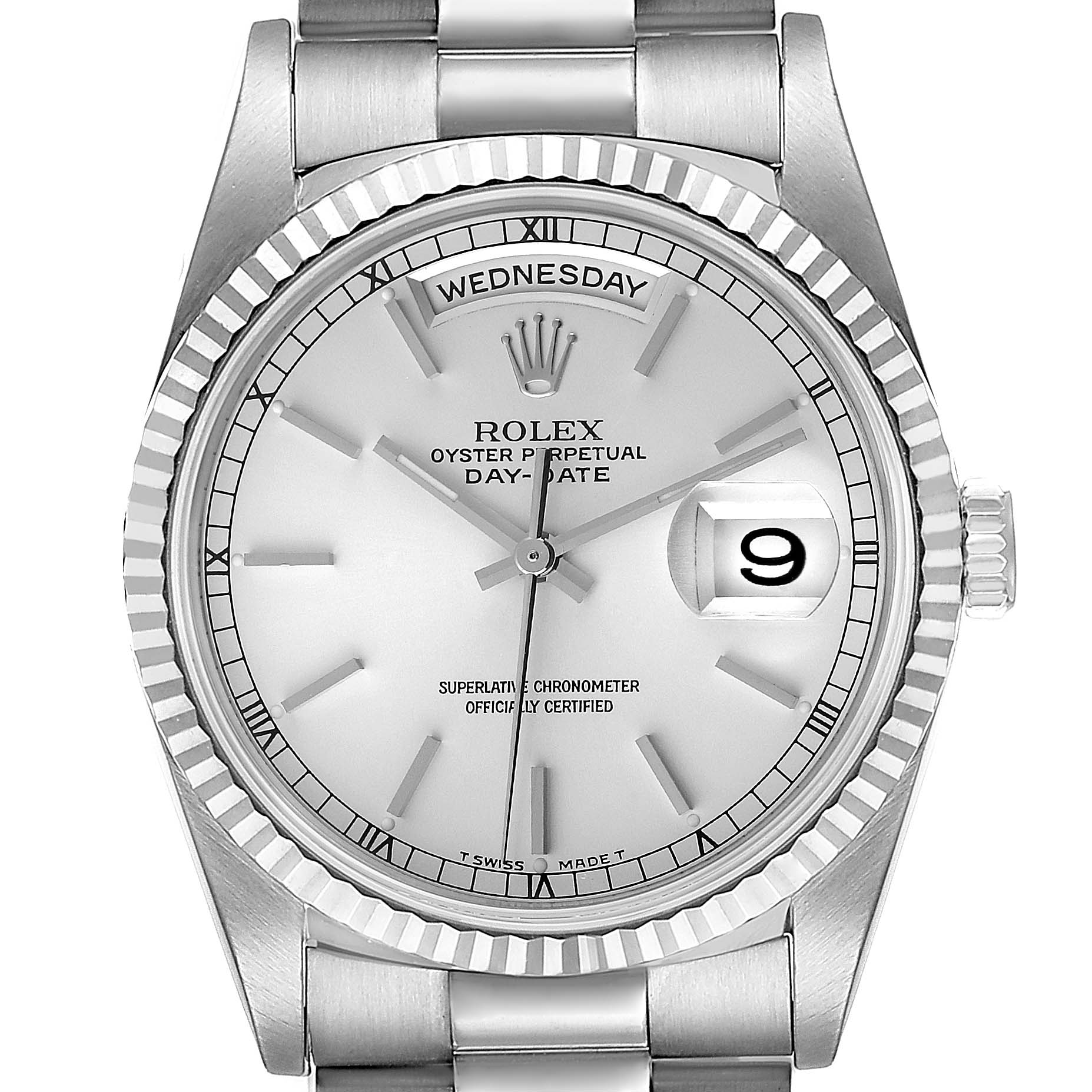 This is a front-facing view of the Rolex President 18239 Men's White Gold Silver Dial 18239 Men's White Gold Silver Dial model, showing the watch face, bezel, crown, and part of the bracelet.