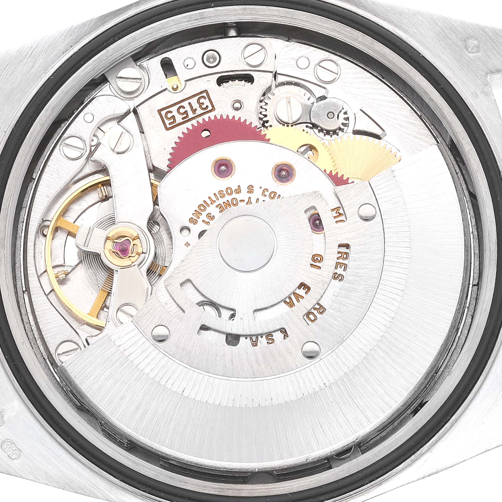 The image shows the internal mechanism of a Rolex President 18239 Men's White Gold Silver Dial 18239 Men's White Gold Silver Dial model watch from a close-up, rear view angle.
