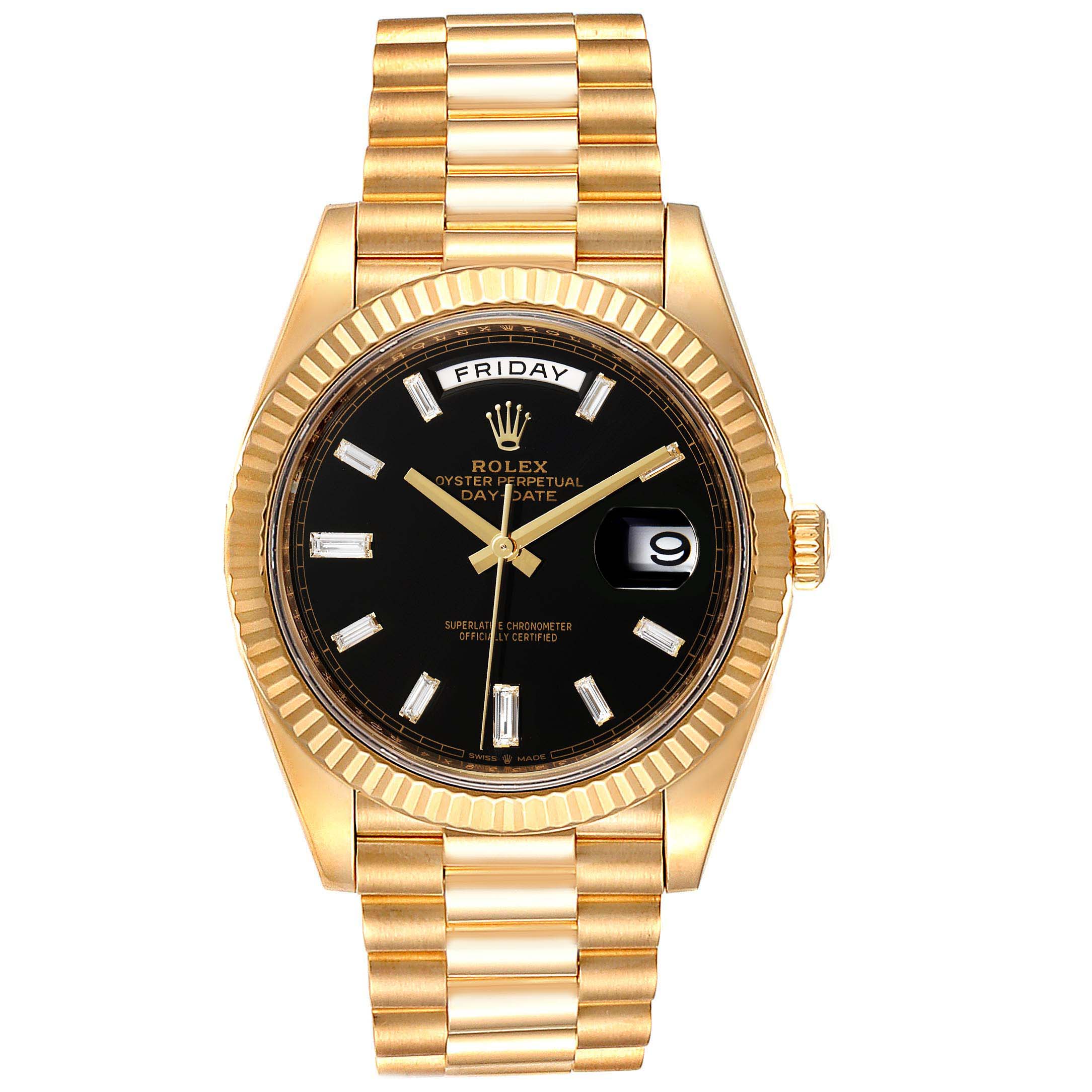 The Rolex President 228238 Men's Yellow Gold Black Dial 228238 Men's Yellow Gold Black Dial model watch is shown from a top-down angle, displaying its black dial, gold case, fluted bezel, and gold bracelet.