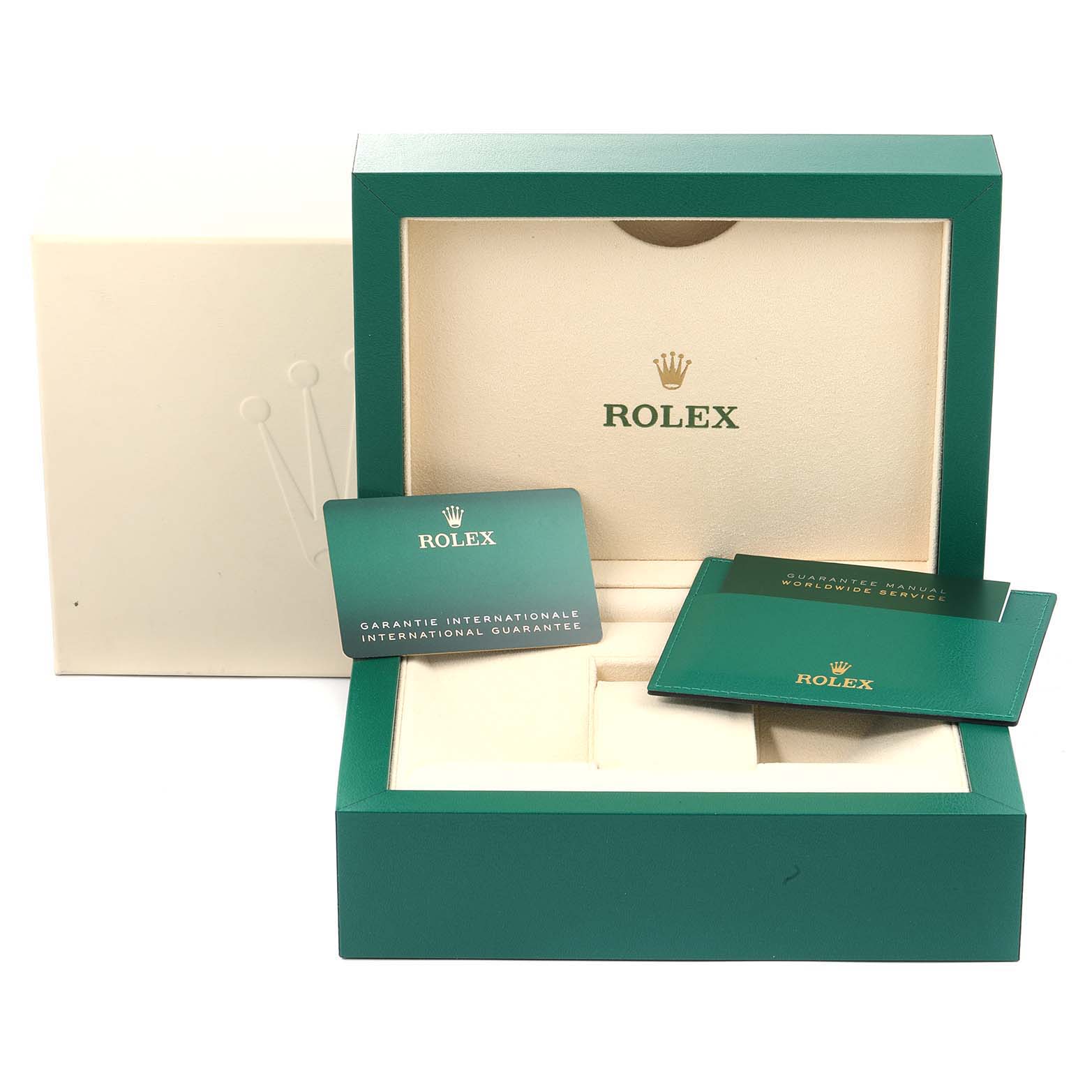 This image shows the packaging and documentation for a Rolex President 228238 Men's Yellow Gold Black Dial 228238 Men's Yellow Gold Black Dial model.