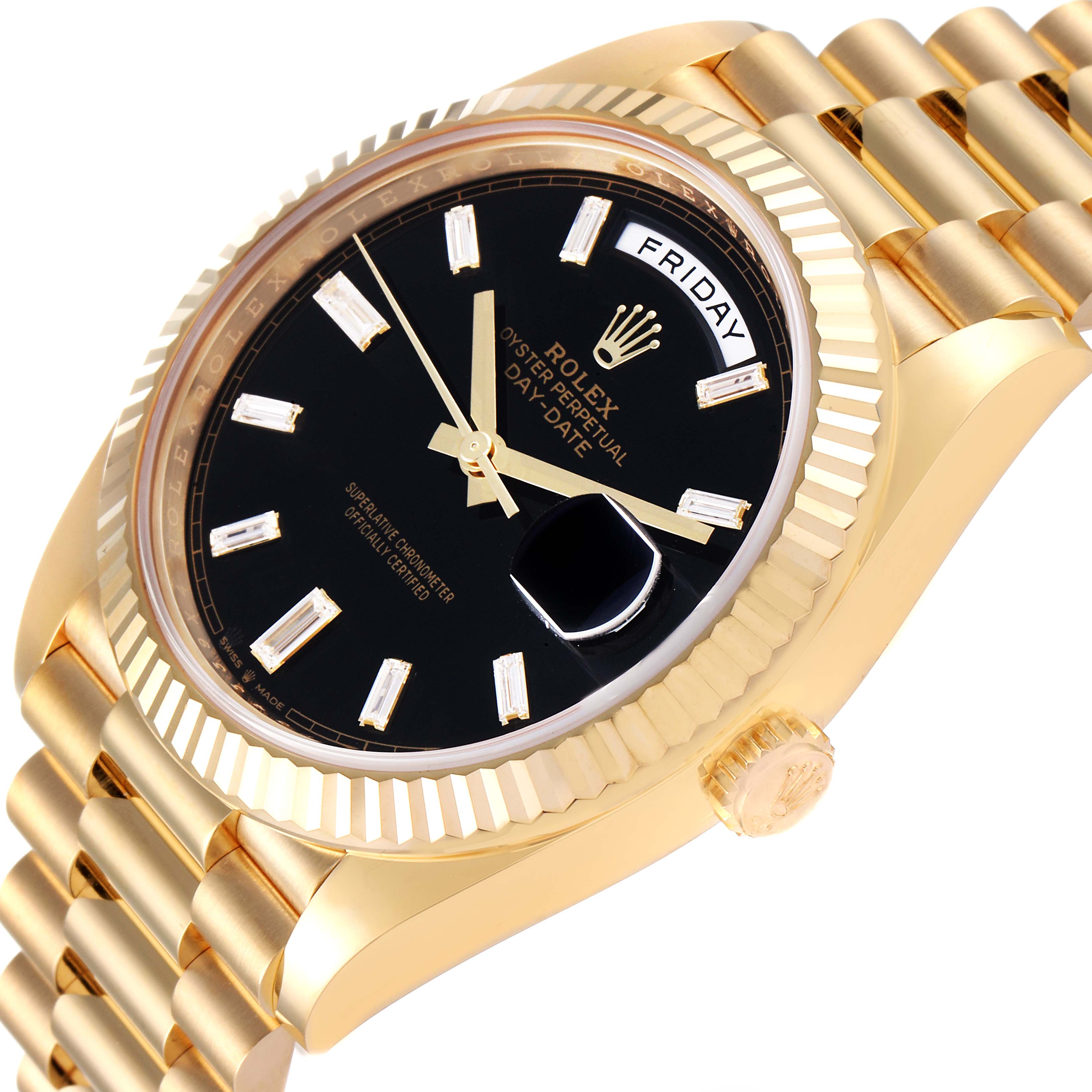 This image shows a close-up of the Rolex President 228238 Men's Yellow Gold Black Dial 228238 Men's Yellow Gold Black Dial model watch, highlighting its face, bezel, and bracelet.