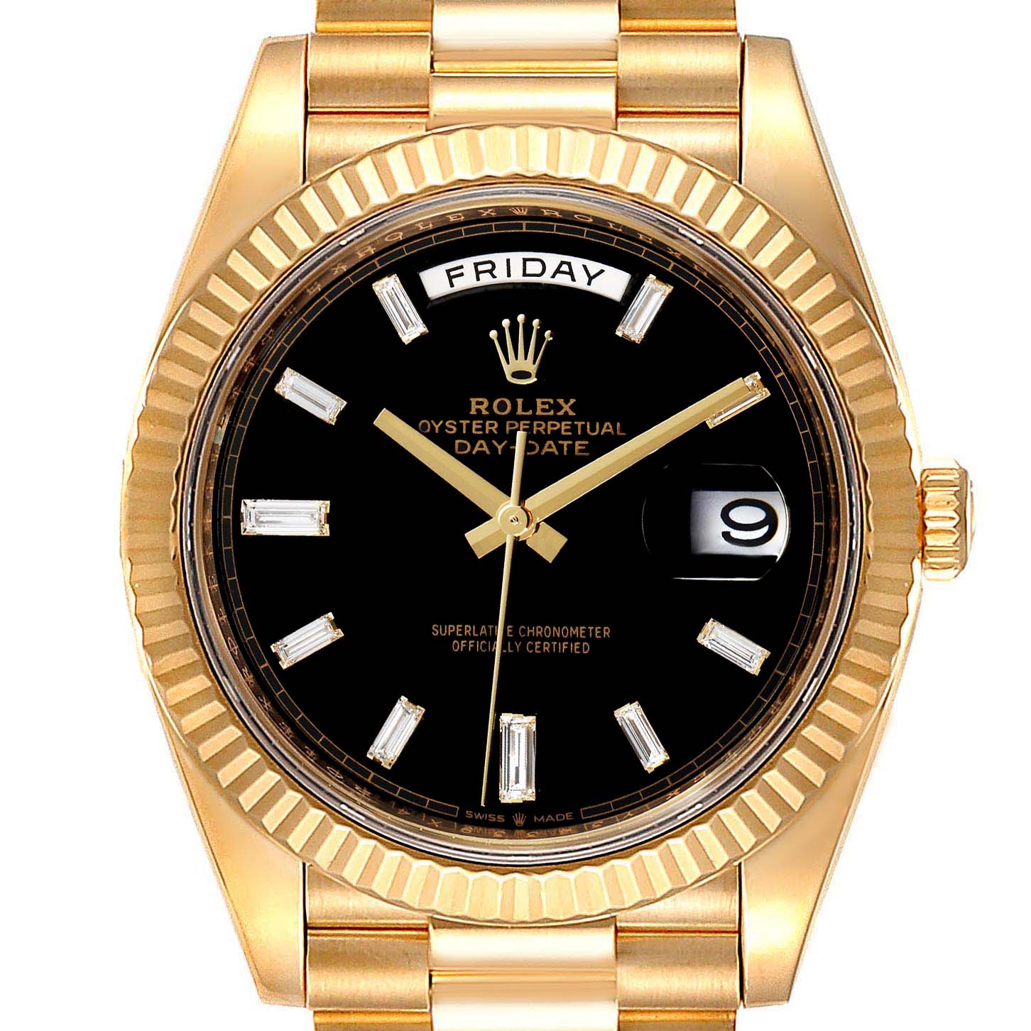 The image shows a frontal view of the Rolex President 228238 Men's Yellow Gold Black Dial 228238 Men's Yellow Gold Black Dial model watch, highlighting its black dial, day-date display, and gold bracelet.