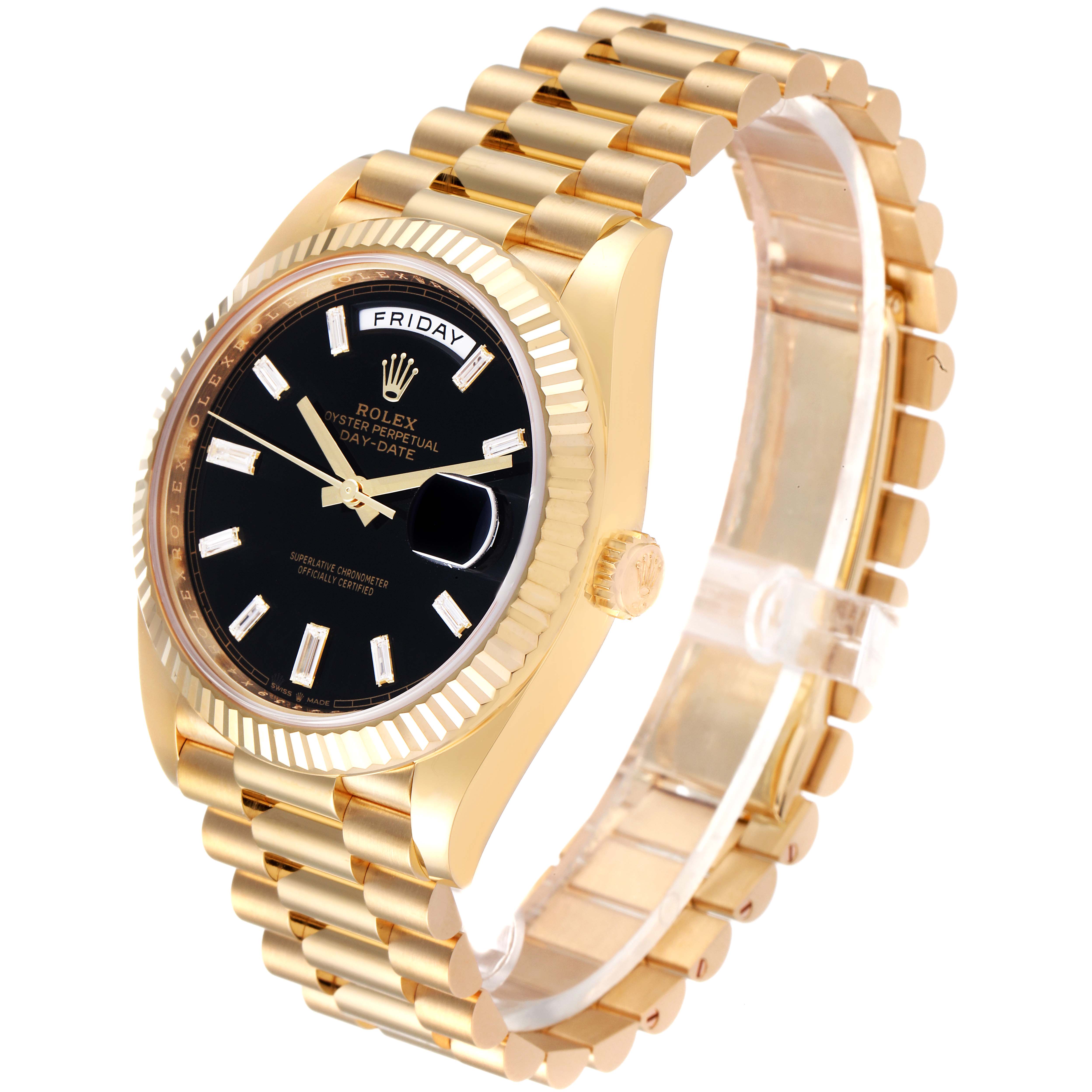 This image shows a Rolex President 228238 Men's Yellow Gold Black Dial 228238 Men's Yellow Gold Black Dial model watch at a three-quarter angle, highlighting its gold case, black dial, and bracelet.