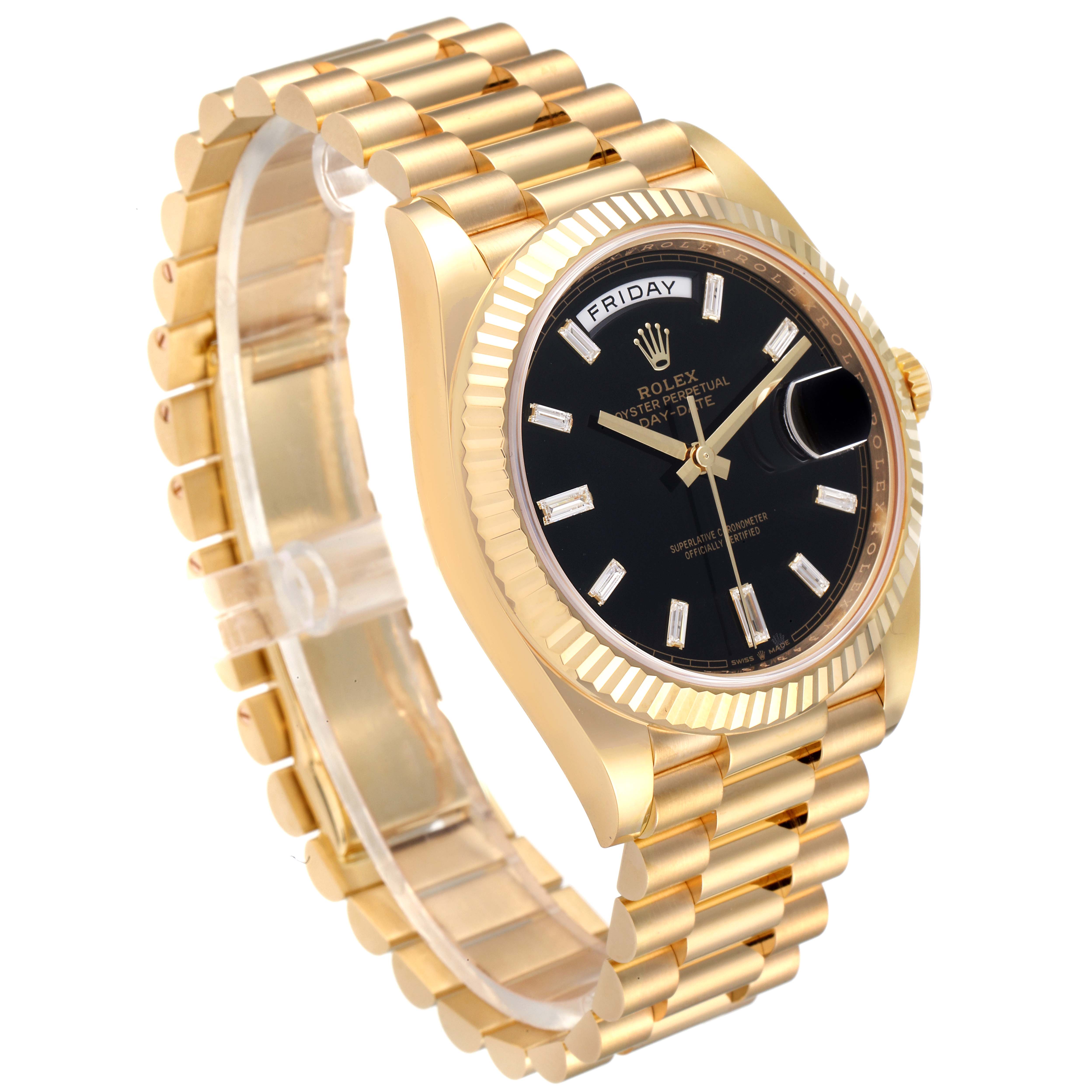 The image shows a side-view angle of a Rolex President 228238 Men's Yellow Gold Black Dial 228238 Men's Yellow Gold Black Dial model watch, highlighting its gold bracelet, black dial, and fluted bezel.