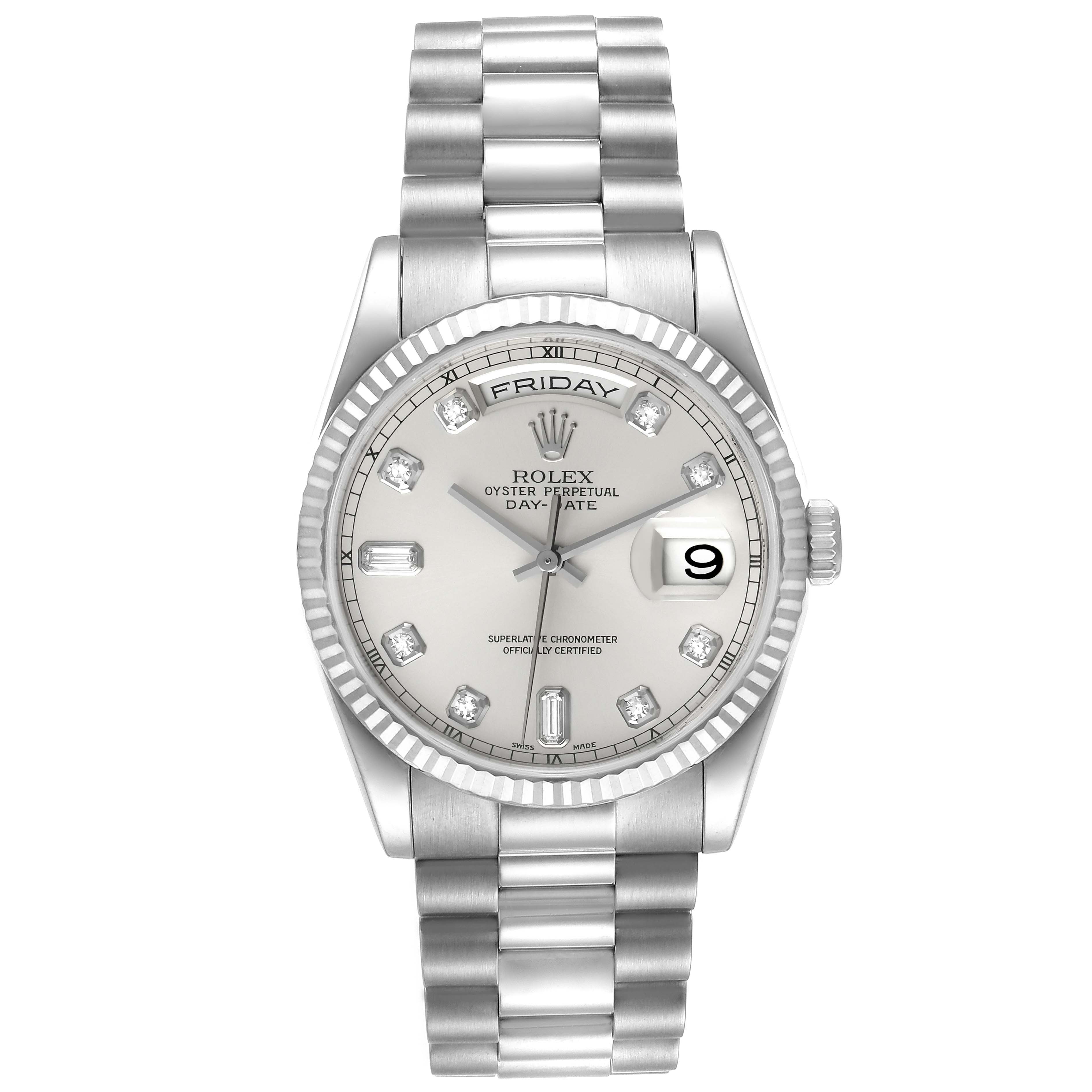 The image shows a front view of the Rolex President 118239 Men
s White Gold Silver Dial 118239 Men
s White Gold Silver Dial model, highlighting its face, band, and day-date features.