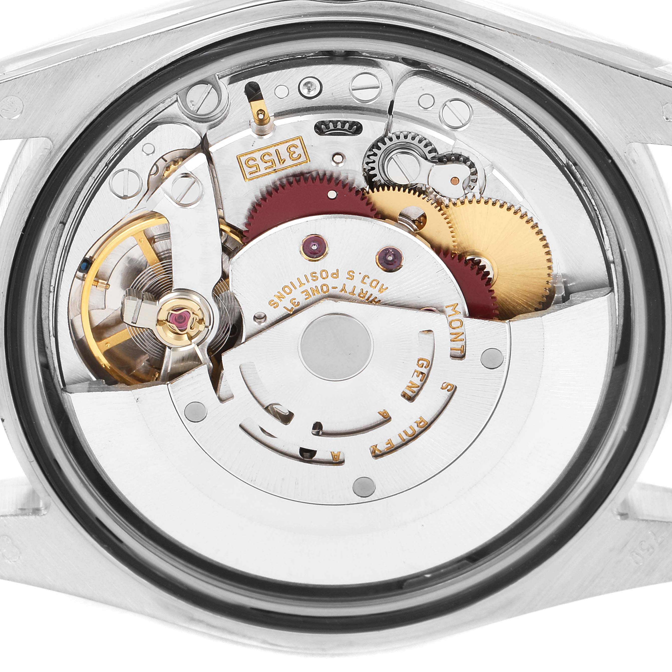 This is an image of the intricate inner workings of a Rolex President 118239 Men
s White Gold Silver Dial 118239 Men
s White Gold Silver Dial model watch, viewed from the back.