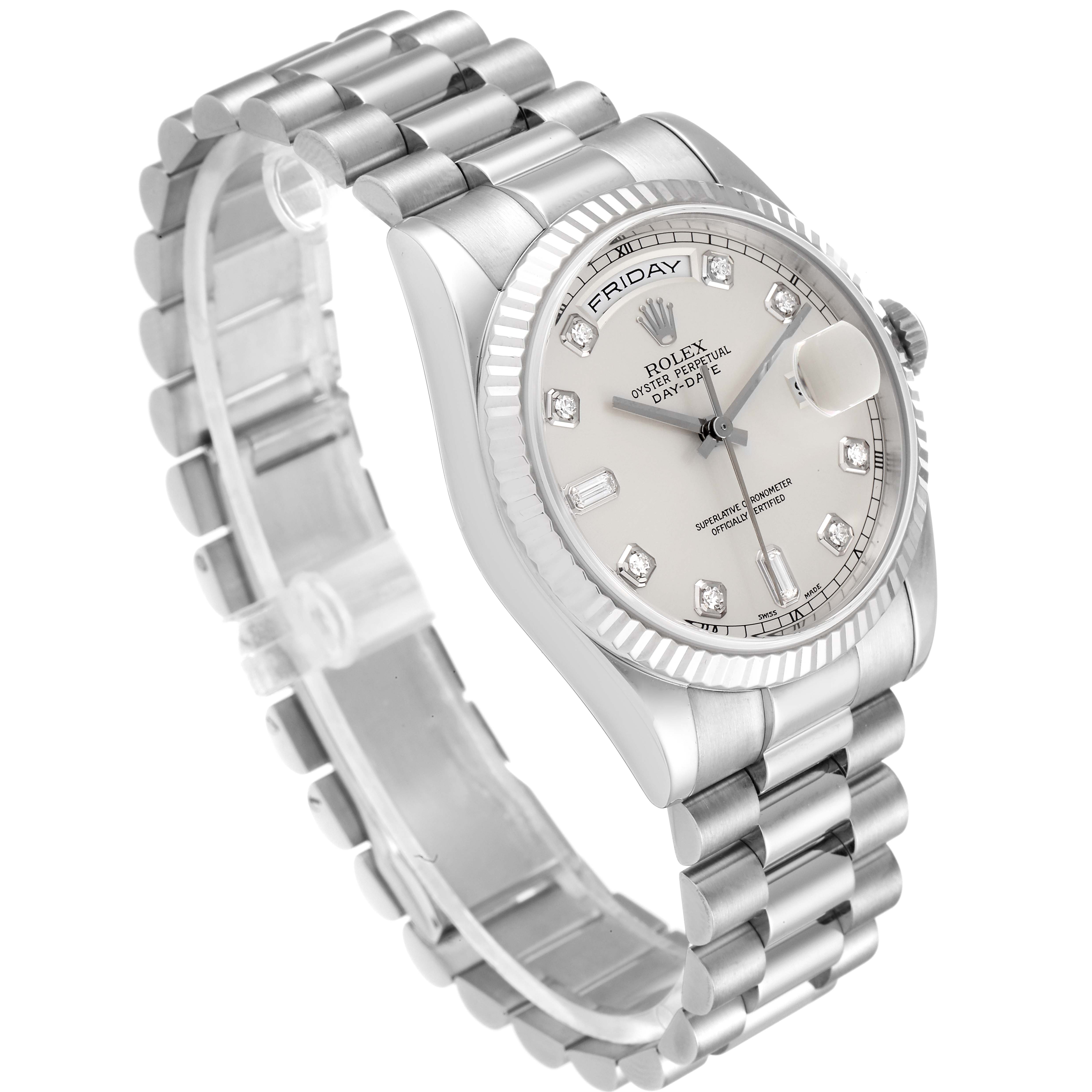The Rolex President 118239 Men
s White Gold Silver Dial 118239 Men
s White Gold Silver Dial model watch is shown at a tilted side angle, highlighting its silver band, dial, and bezel.