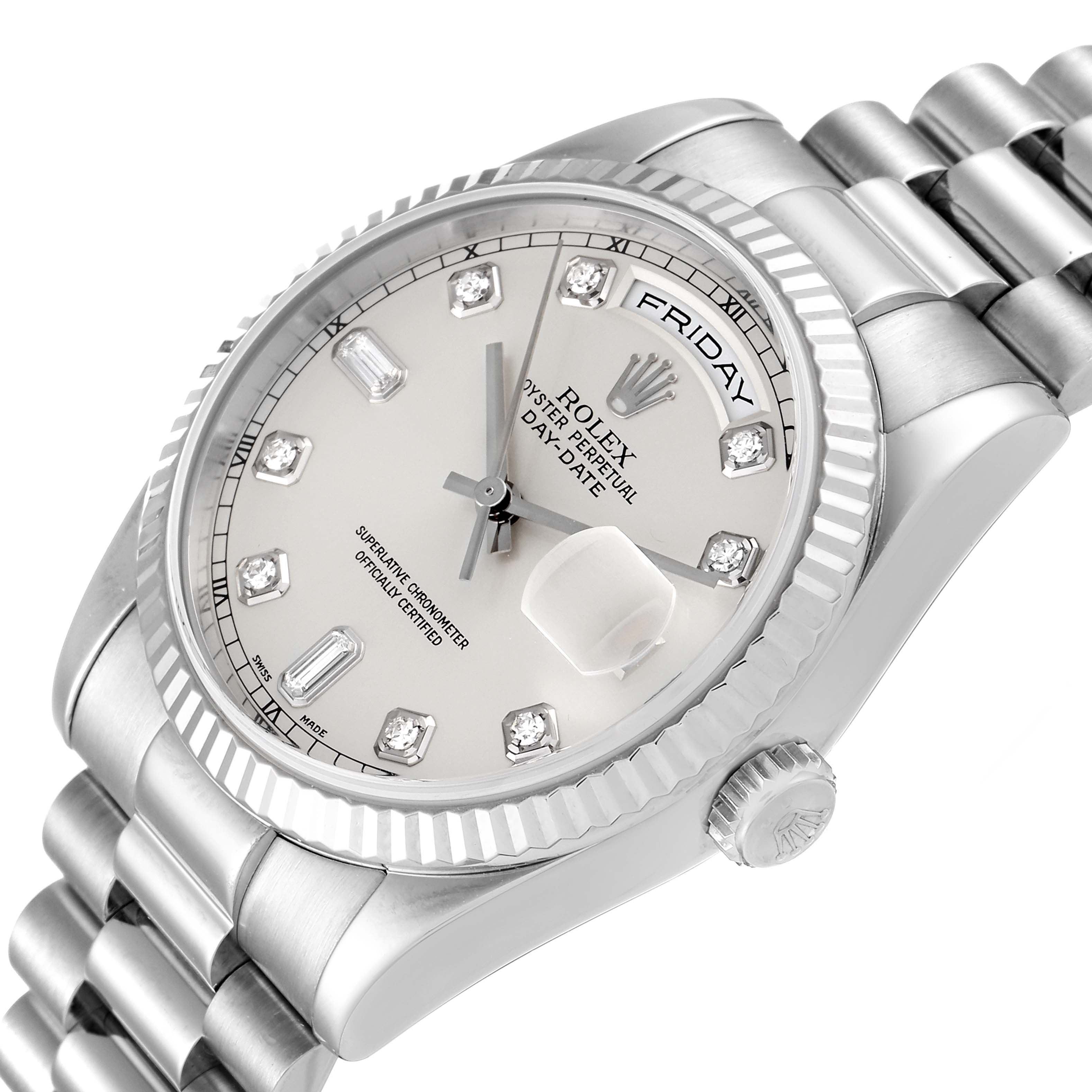 The image shows a close-up, angled view of a Rolex President 118239 Men
s White Gold Silver Dial 118239 Men
s White Gold Silver Dial Day-Date watch displaying its dial, bezel, and part of the bracelet.