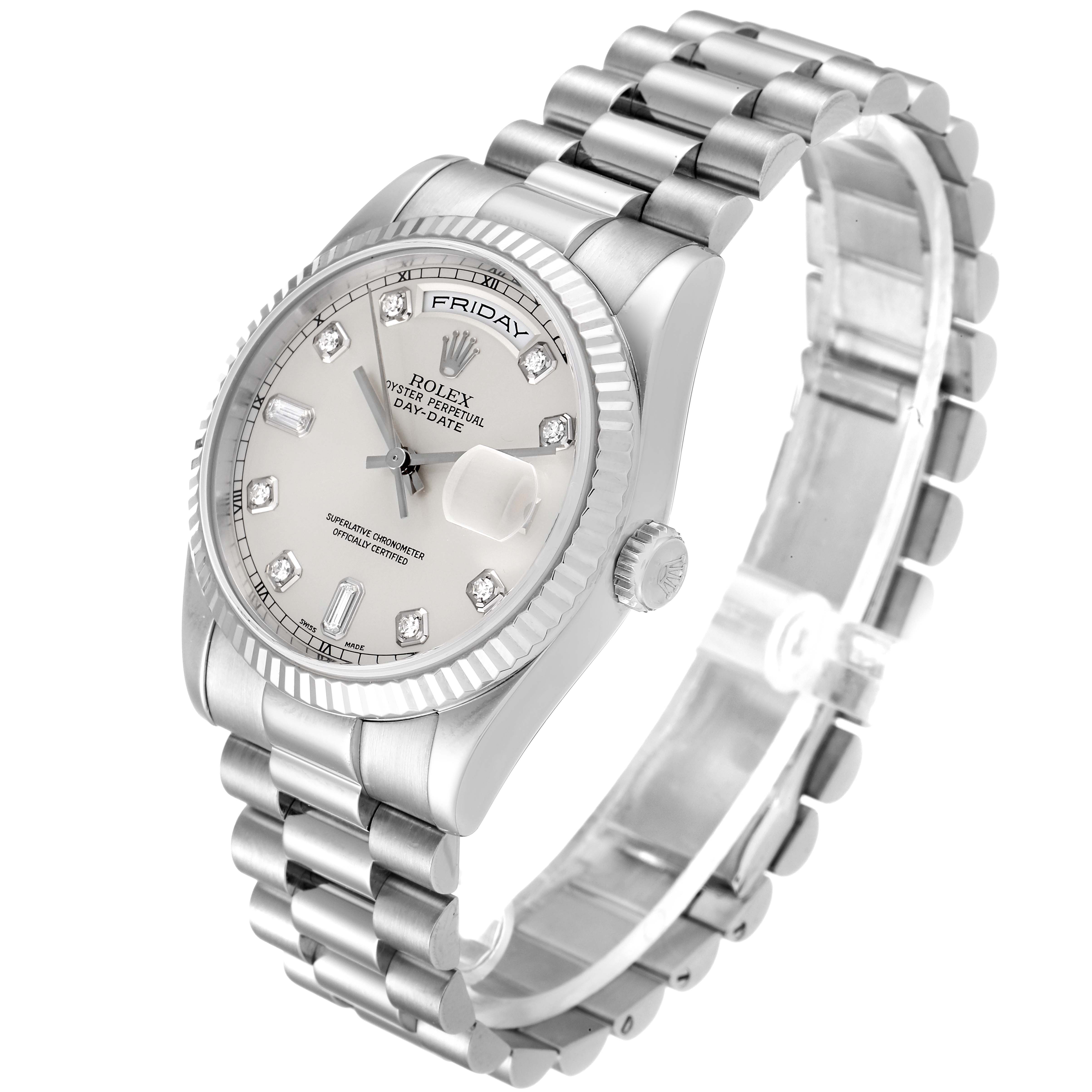 The Rolex President 118239 Men
s White Gold Silver Dial 118239 Men
s White Gold Silver Dial model watch is shown at a slight angle, highlighting its dial, bezel, crown, and bracelet.