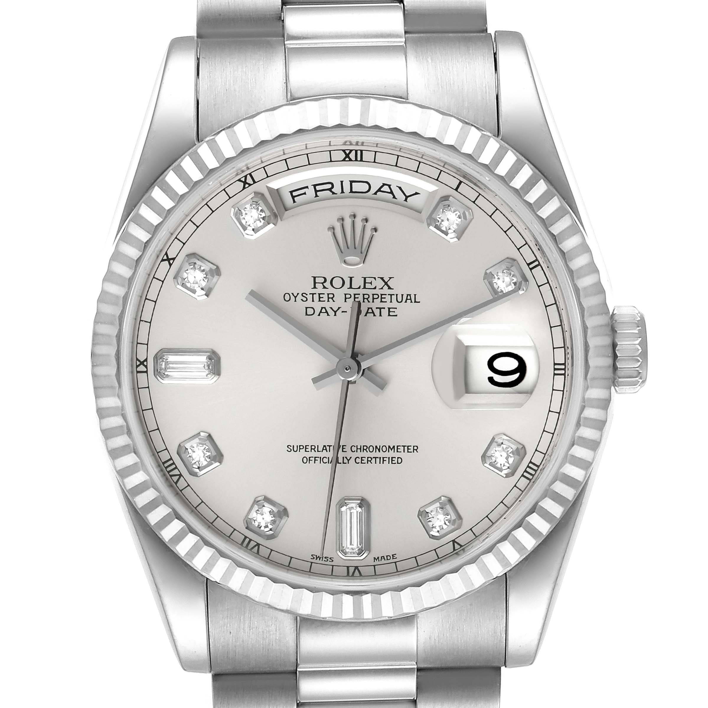 The image shows a frontal view of the Rolex President 118239 Men
s White Gold Silver Dial 118239 Men
s White Gold Silver Dial Day-Date watch, focusing on its face, bezel, and part of the bracelet.