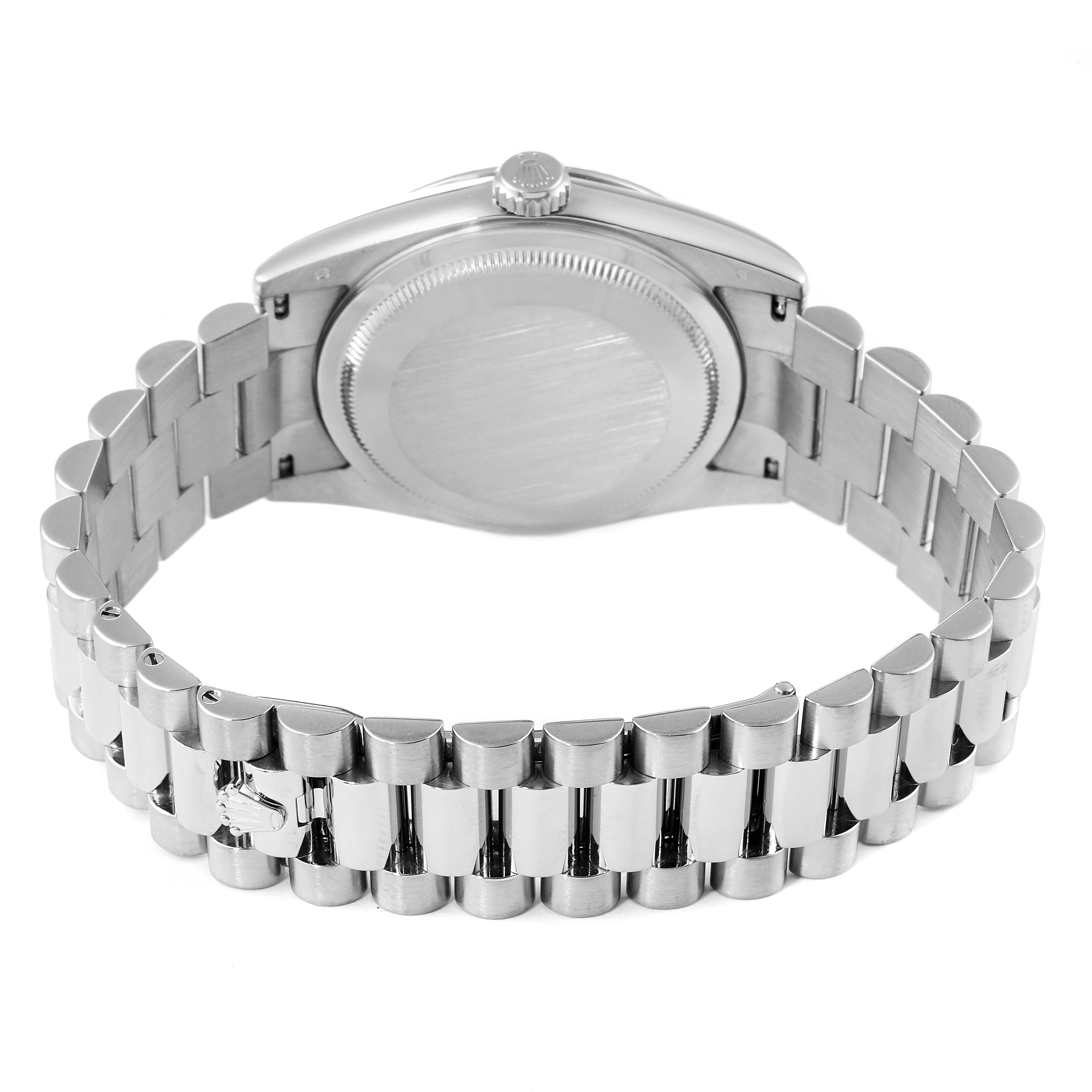The image shows the back case and bracelet of a Rolex President 118239 Men
s White Gold Silver Dial 118239 Men
s White Gold Silver Dial model watch.
