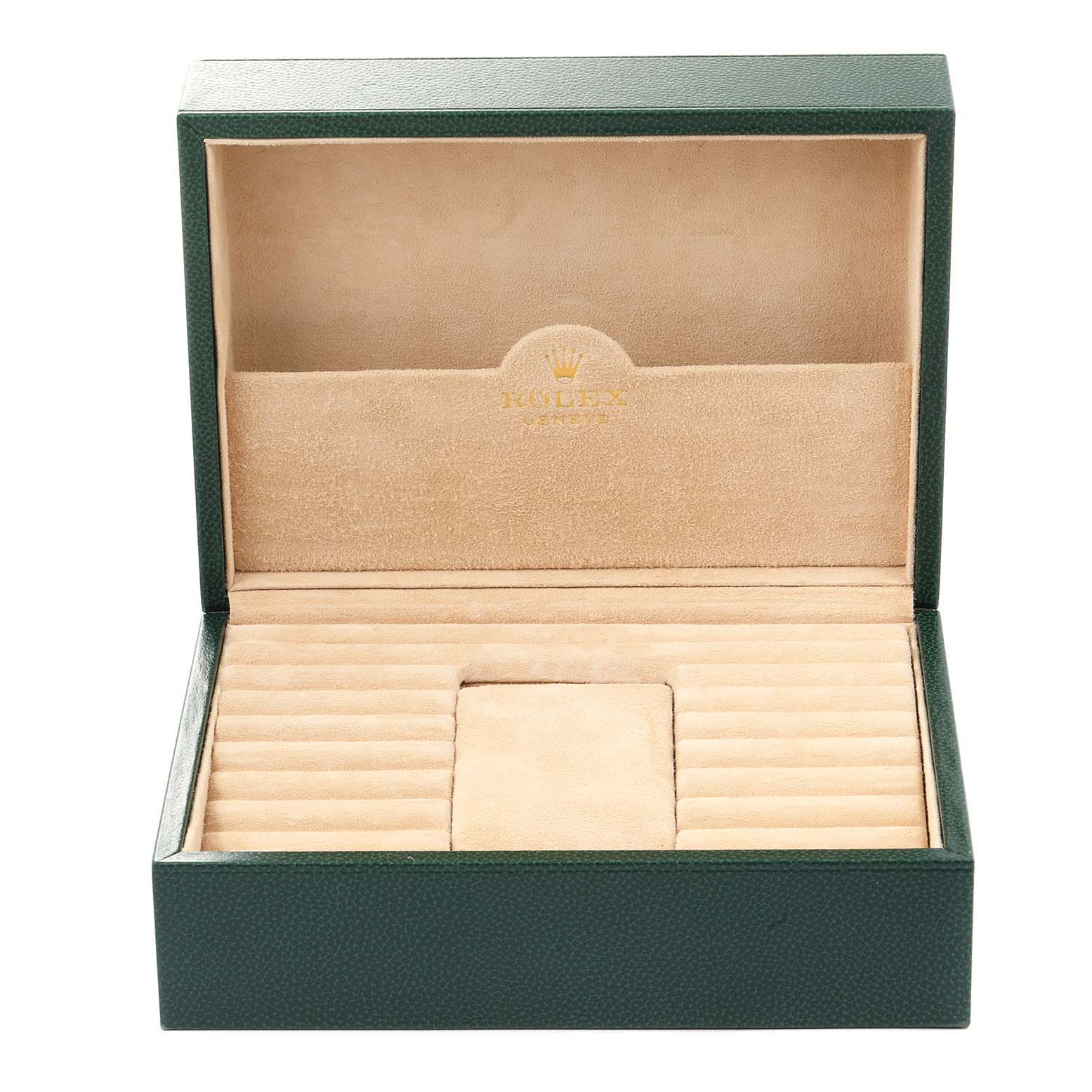 This image shows an open green and beige Rolex President 118239 Men
s White Gold Silver Dial 118239 Men
s White Gold Silver Dial model watch box from a front angle.